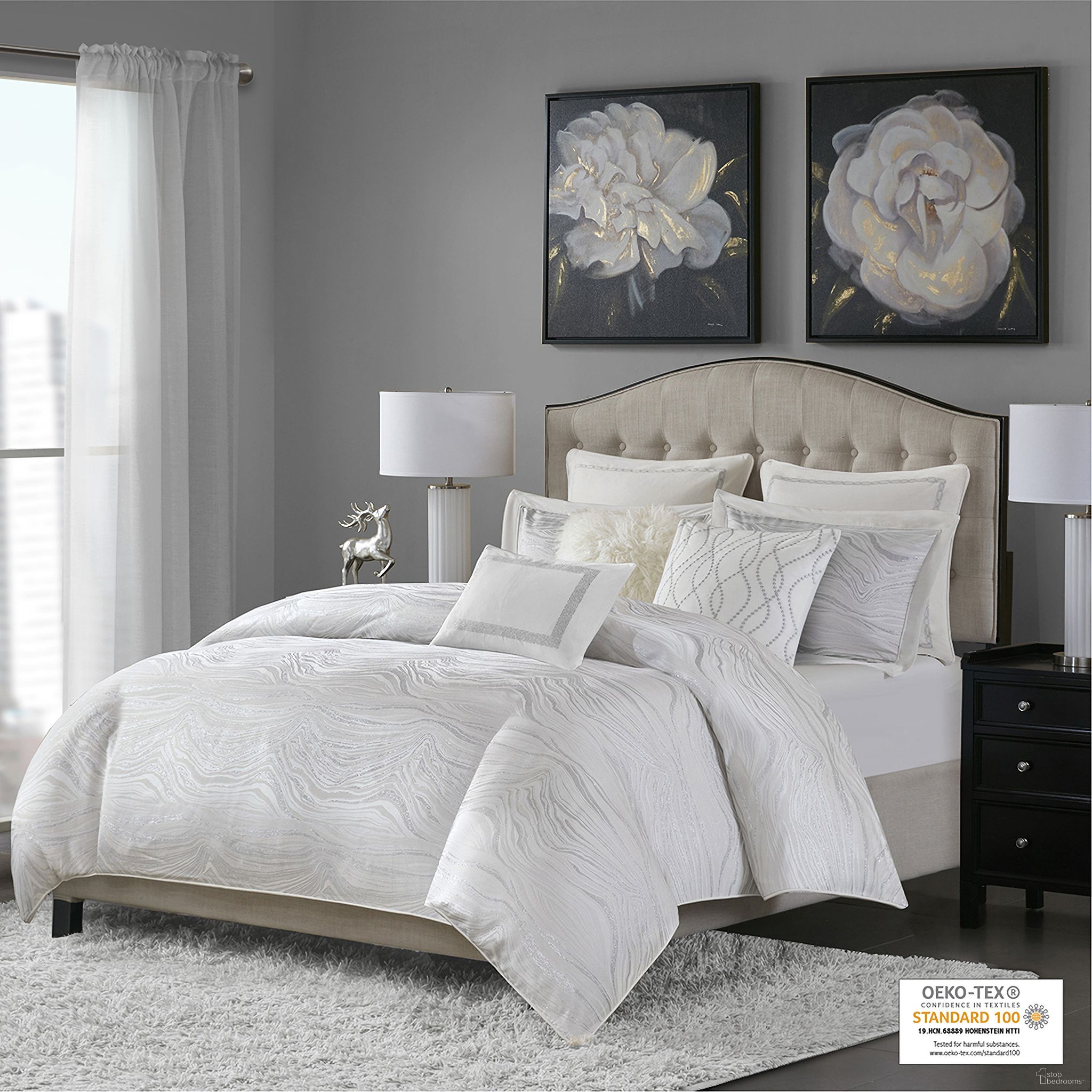 The appearance of Polyester Jacquard Metallic 8 Piece Queen Comforter Set In White designed by Olliix in the transitional interior design. This white piece of furniture was selected by 1StopBedrooms from Hollywood Glam Collection to add a touch of cosiness and style into your home. Sku: MPS10-310. Material: Polyester. Bed Size: Queen.