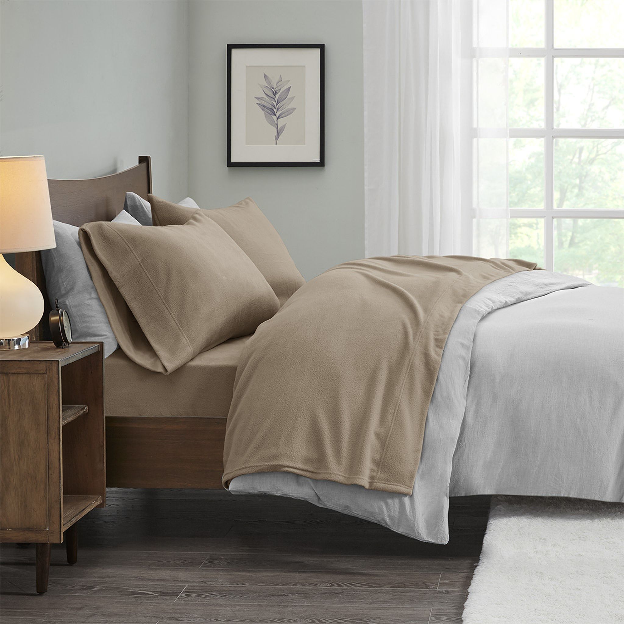 Polyester Knitted Micro Fleece Solid 4 Piece Queen Sheet Set In Brown
