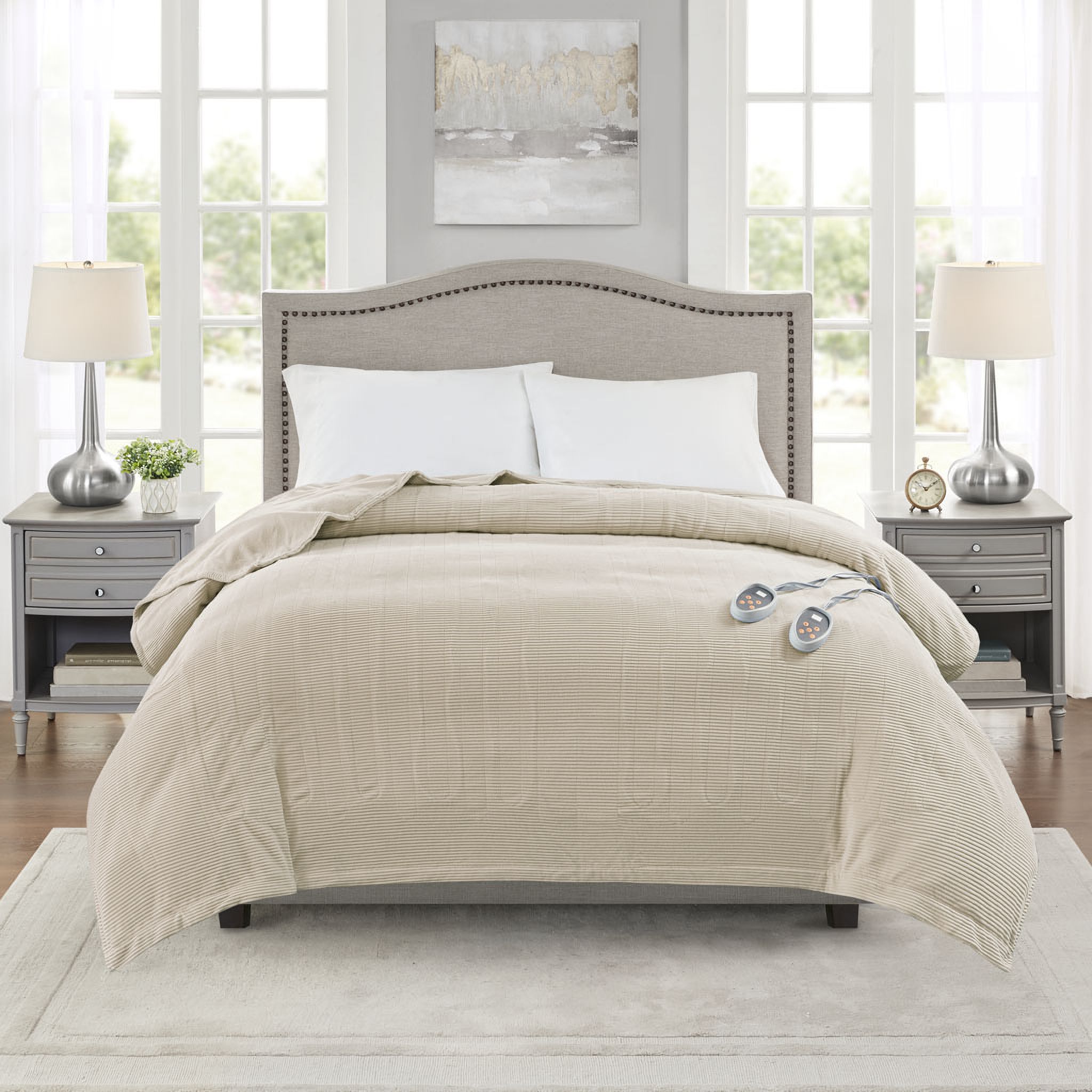 Polyester Knitted Micro Fleece Solid Textured Heated King Blanket In Beige