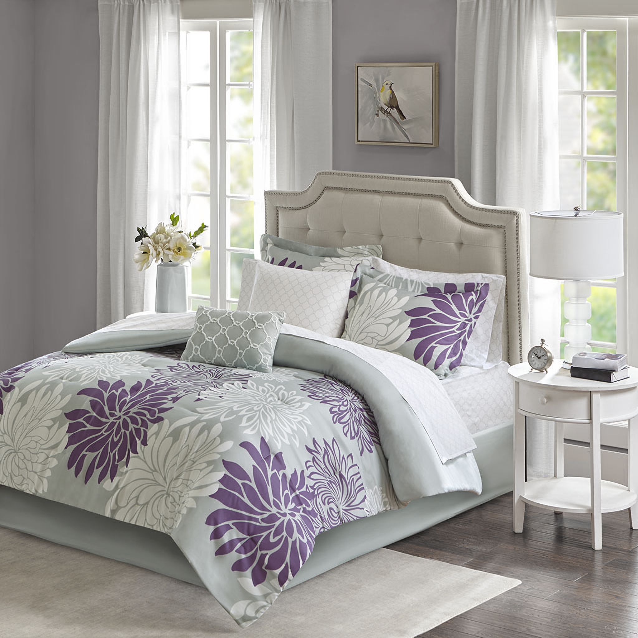 Polyester Microfiber Printed 7 Piece Twin Comforter Set In Purple