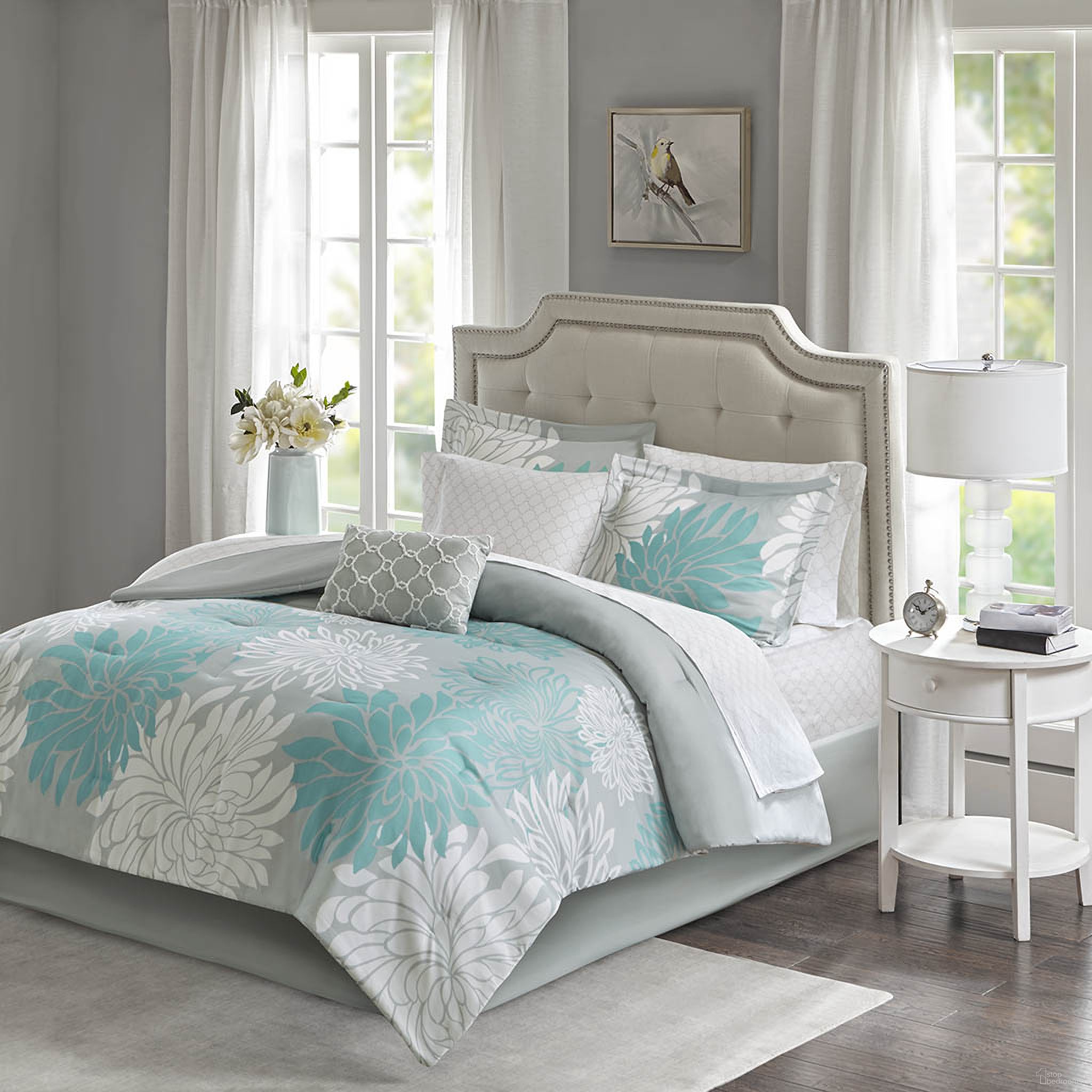 Polyester Microfiber Printed 9 Piece Queen Comforter Set In Aqua