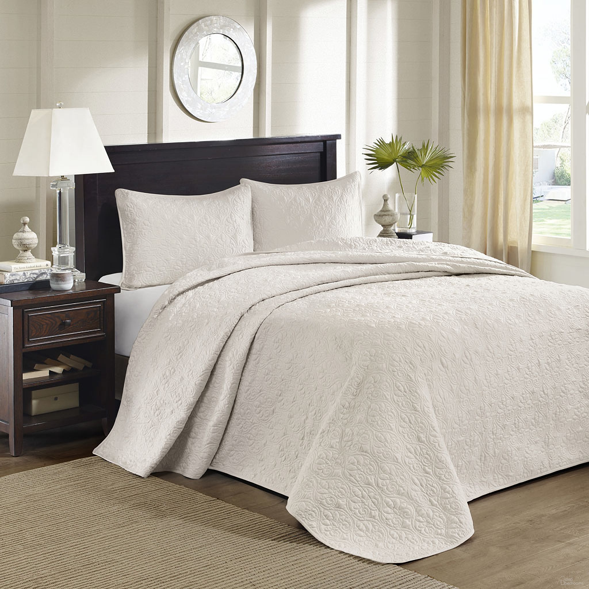 The appearance of Polyester Microfiber Reversible Mini 3 Piece Queen Bedspread Set In Cream designed by Olliix in the transitional interior design. This cream piece of furniture  was selected by 1StopBedrooms from Quebec Collection to add a touch of cosiness and style into your home. Sku: MP13-708. Bed Size: Queen. Material: Cotton.