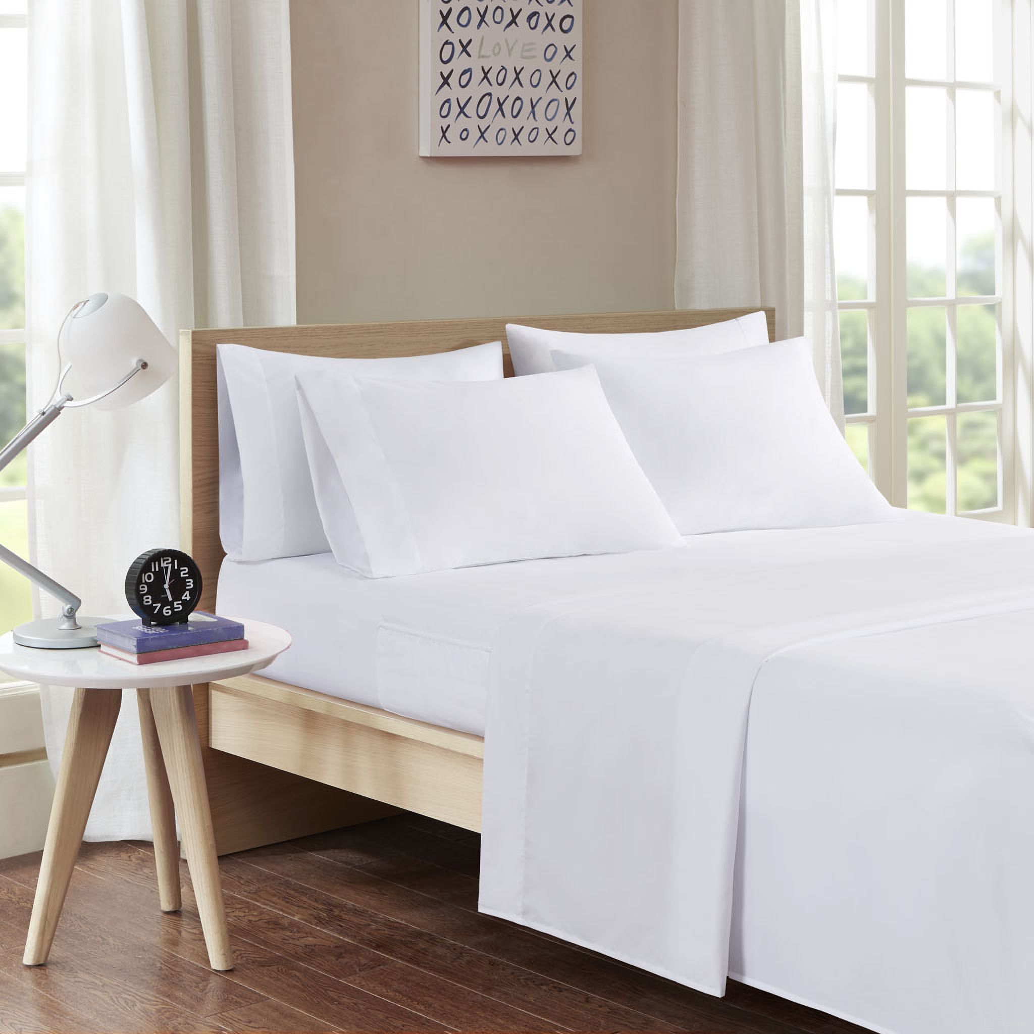 Polyester Microfiber Solid 6 Piece Queen Sheet Set with Side Storage Pockets In White