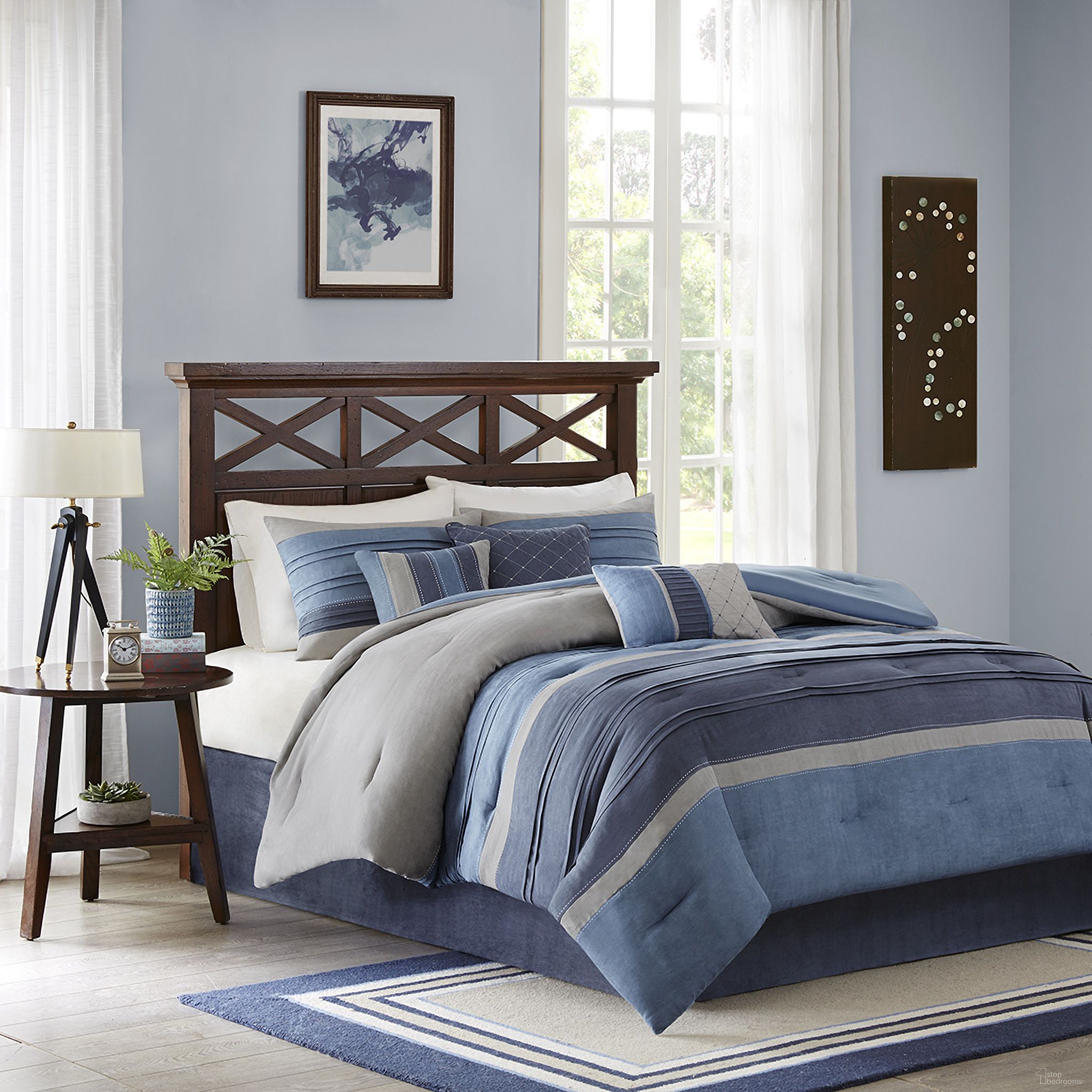 The appearance of Collins 7 Piece Microsuede King Comforter Set In Navy designed by Olliix in the transitional interior design. This navy piece of furniture  was selected by 1StopBedrooms from Collins Collection to add a touch of cosiness and style into your home. Sku: MP10-1637. Material: Polyester. Bed Size: King.