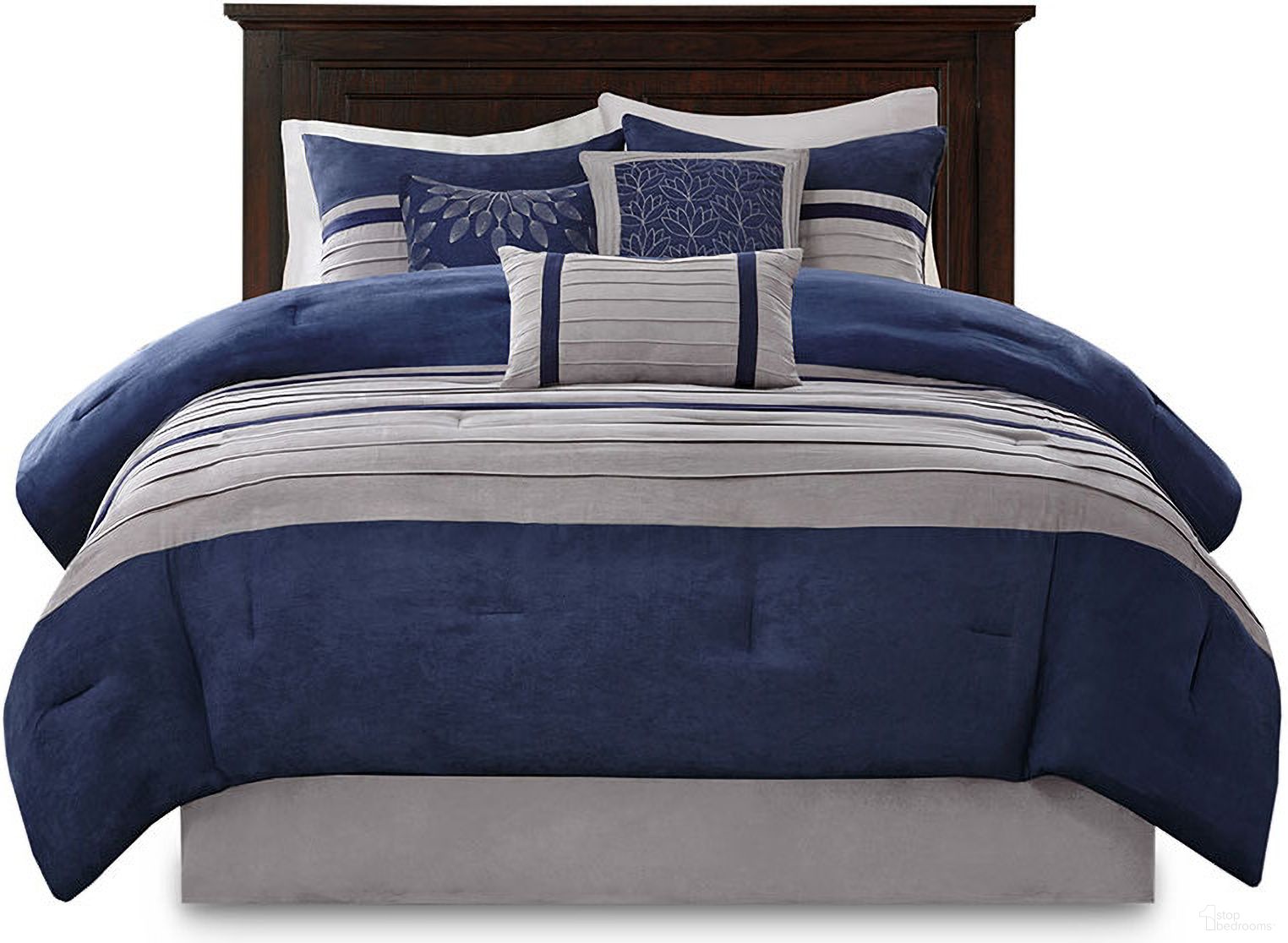The appearance of Polyester Microsuede Pieced 7 Piece California King Comforter Set In Blue designed by Olliix in the transitional interior design. This blue piece of furniture  was selected by 1StopBedrooms from Palmer Collection to add a touch of cosiness and style into your home. Sku: MP10-2265. Material: Polyester. Bed Size: California King.