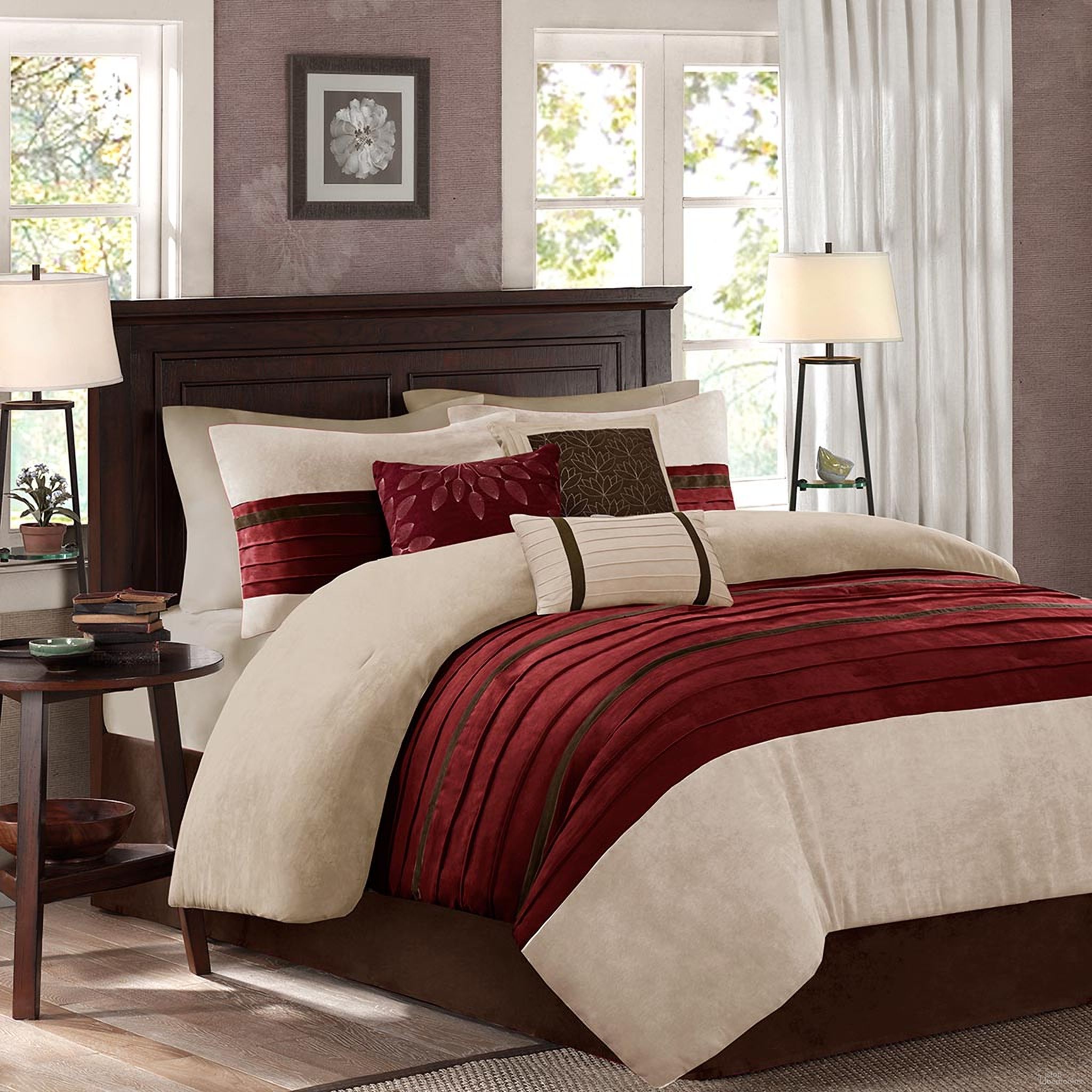 The appearance of Polyester Microsuede Pieced 7 Piece King Comforter Set In Red designed by Olliix in the transitional interior design. This red piece of furniture was selected by 1StopBedrooms from Palmer Collection to add a touch of cosiness and style into your home. Sku: MP10-2267. Material: Polyester. Bed Size: King.