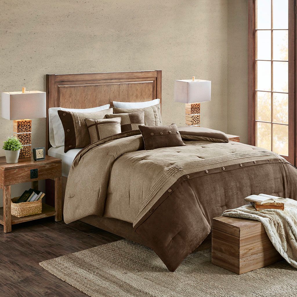 Polyester Microsuede Printed Pieced 7 Piece King Comforter Set In Brown