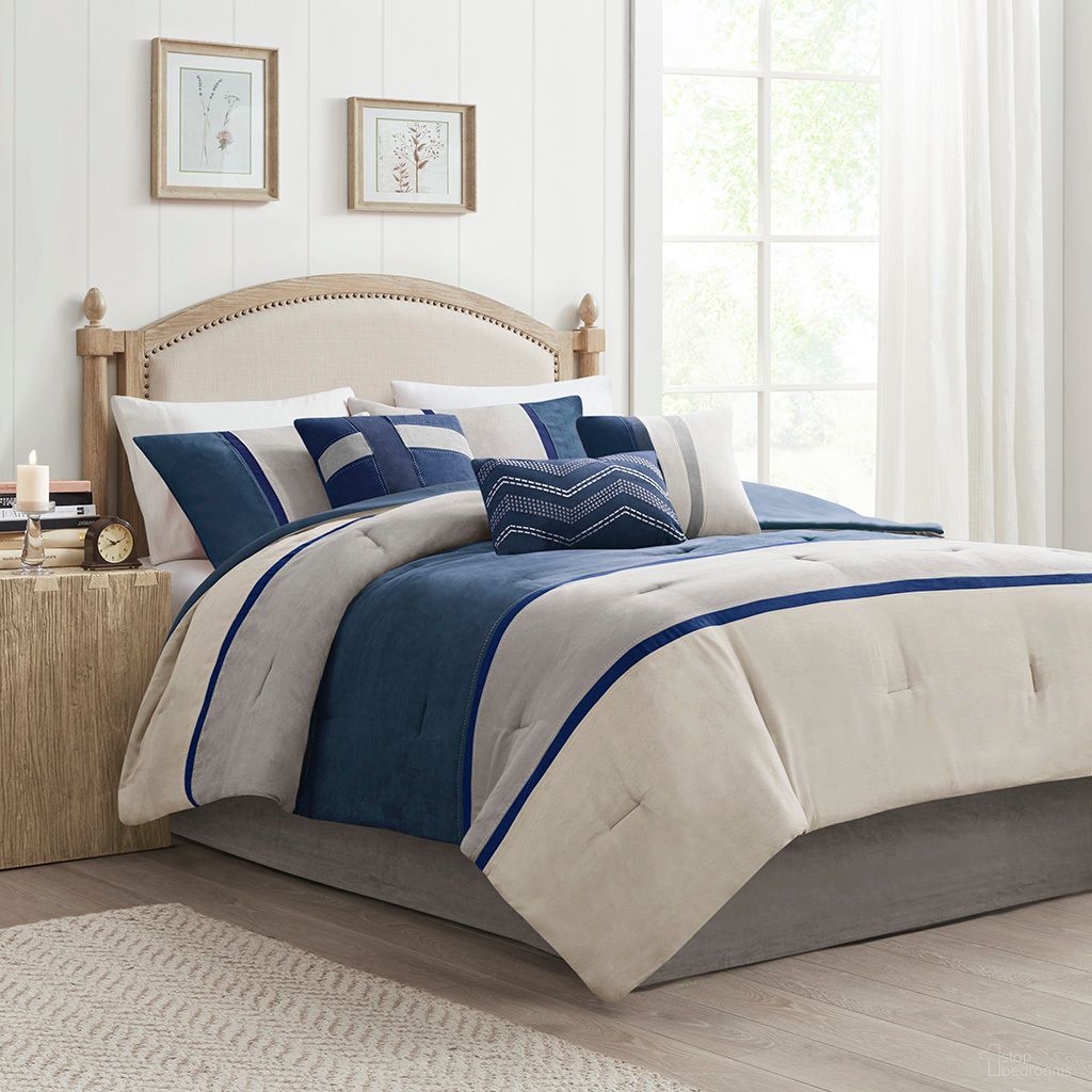 Palisades 7 Piece Faux Suede Queen Comforter Set In Blue