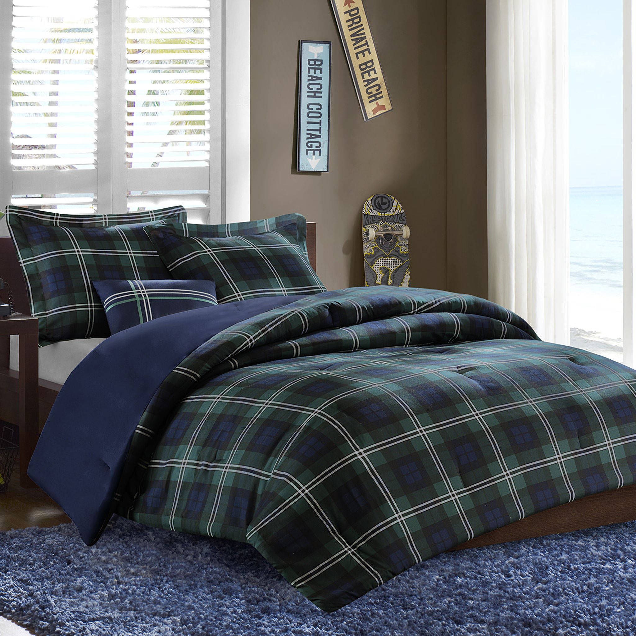 Polyester Peach Skin Printed 3 Piece Twin Comforter Set In Blue