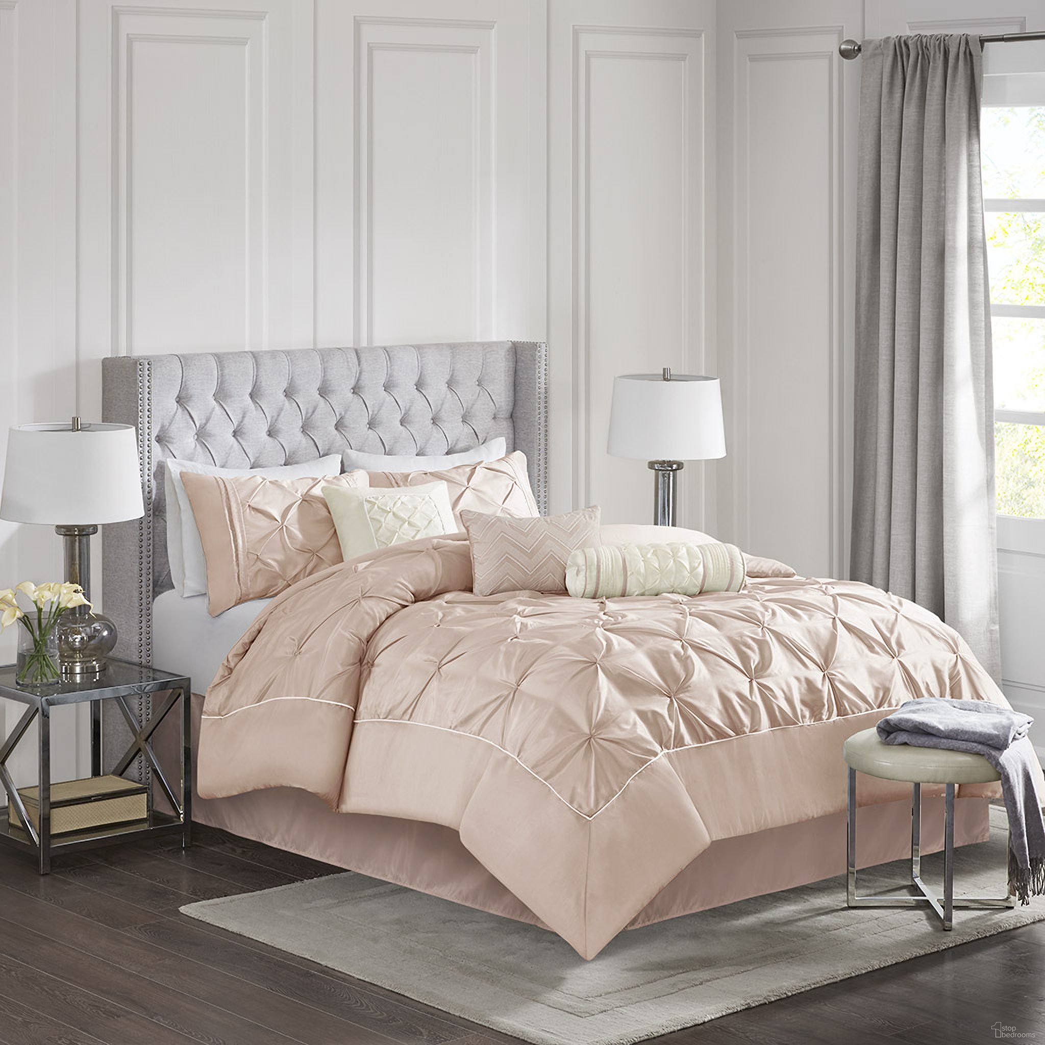 Polyester Pieced Pleated 7 Piece California King Comforter Set In Blush