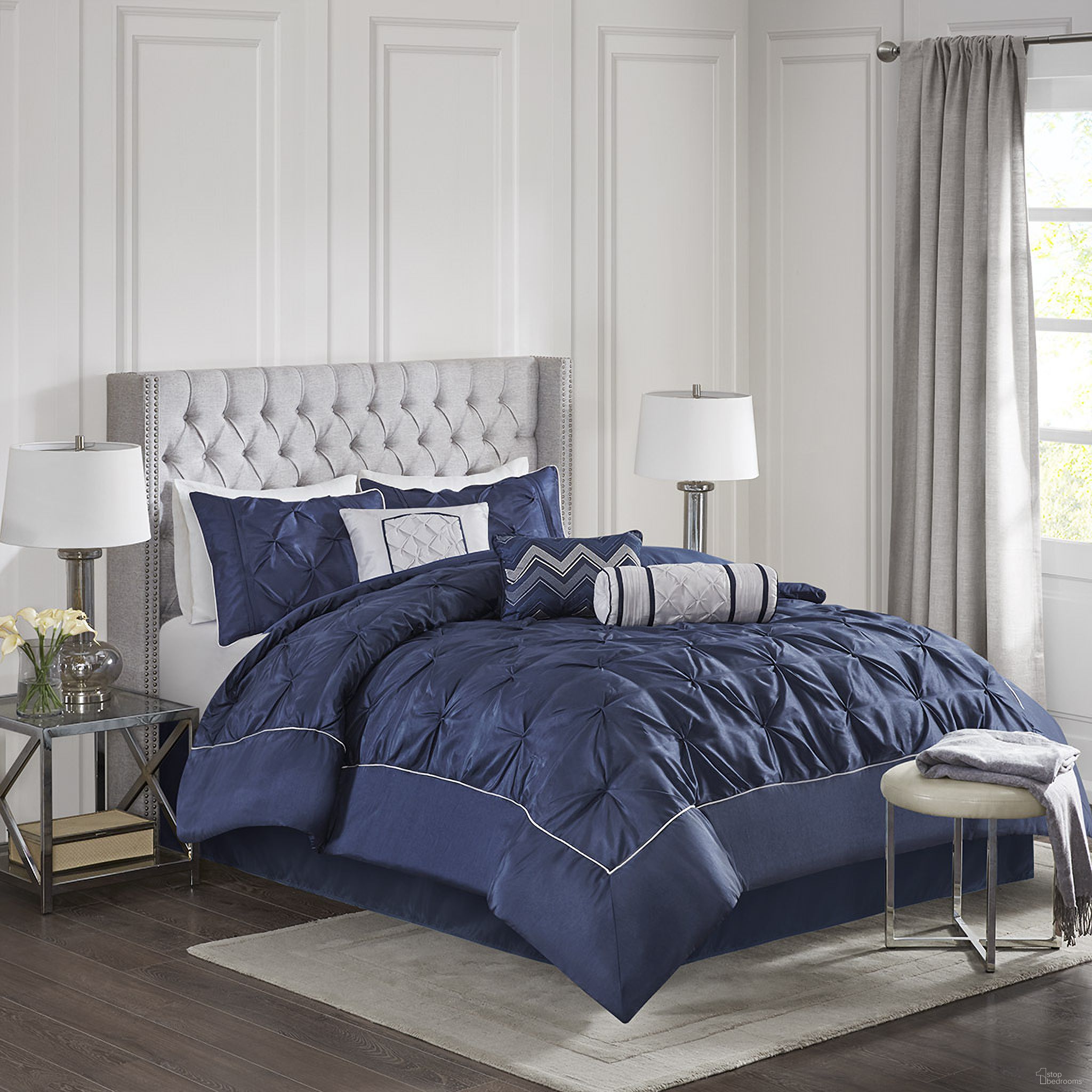 Polyester Polyoni 7 Piece California King Comforter Set With Tufted In Navy