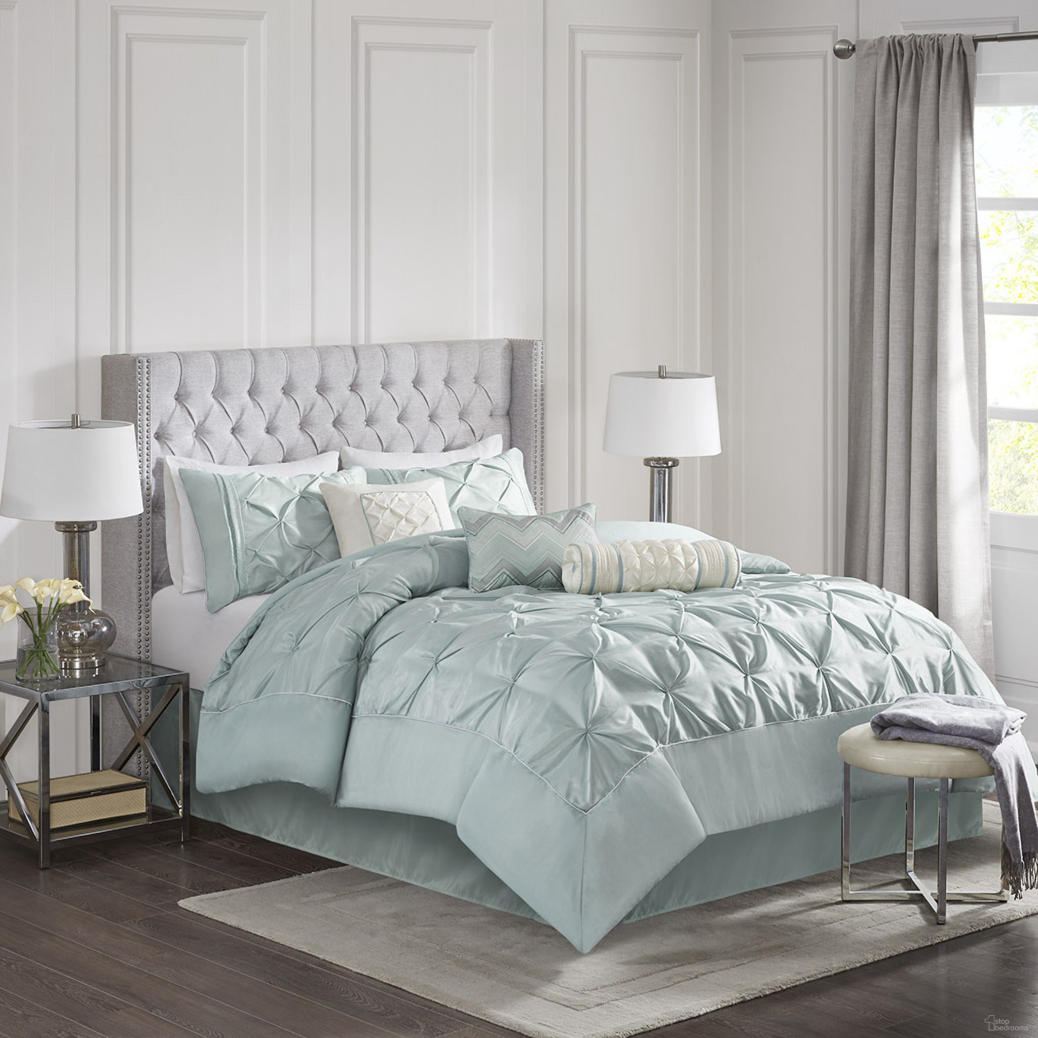 The appearance of Polyester Polyoni 7 Piece King Comforter Set with Pleats In Seafoam designed by Olliix in the modern / contemporary interior design. This seafoam piece of furniture  was selected by 1StopBedrooms from Laurel Collection to add a touch of cosiness and style into your home. Sku: MP10-640. Material: Polyester. Bed Size: King.