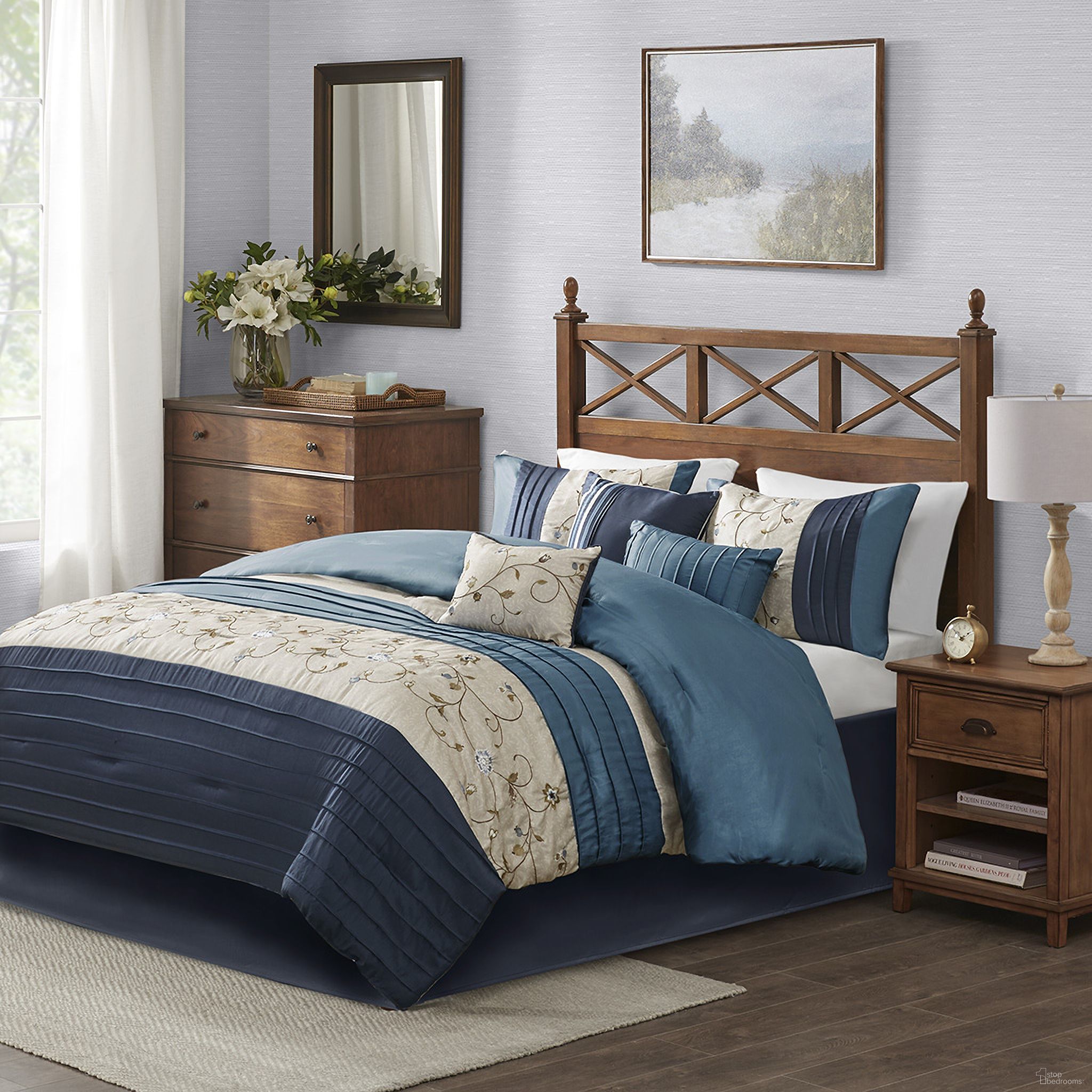 The appearance of Polyester Polyoni Pieced 7 Piece California King Comforter Set In Navy designed by Olliix in the transitional interior design. This navy piece of furniture was selected by 1StopBedrooms from Serene Collection to add a touch of cosiness and style into your home. Sku: MP10-3451. Material: Polyester. Bed Size: California King.