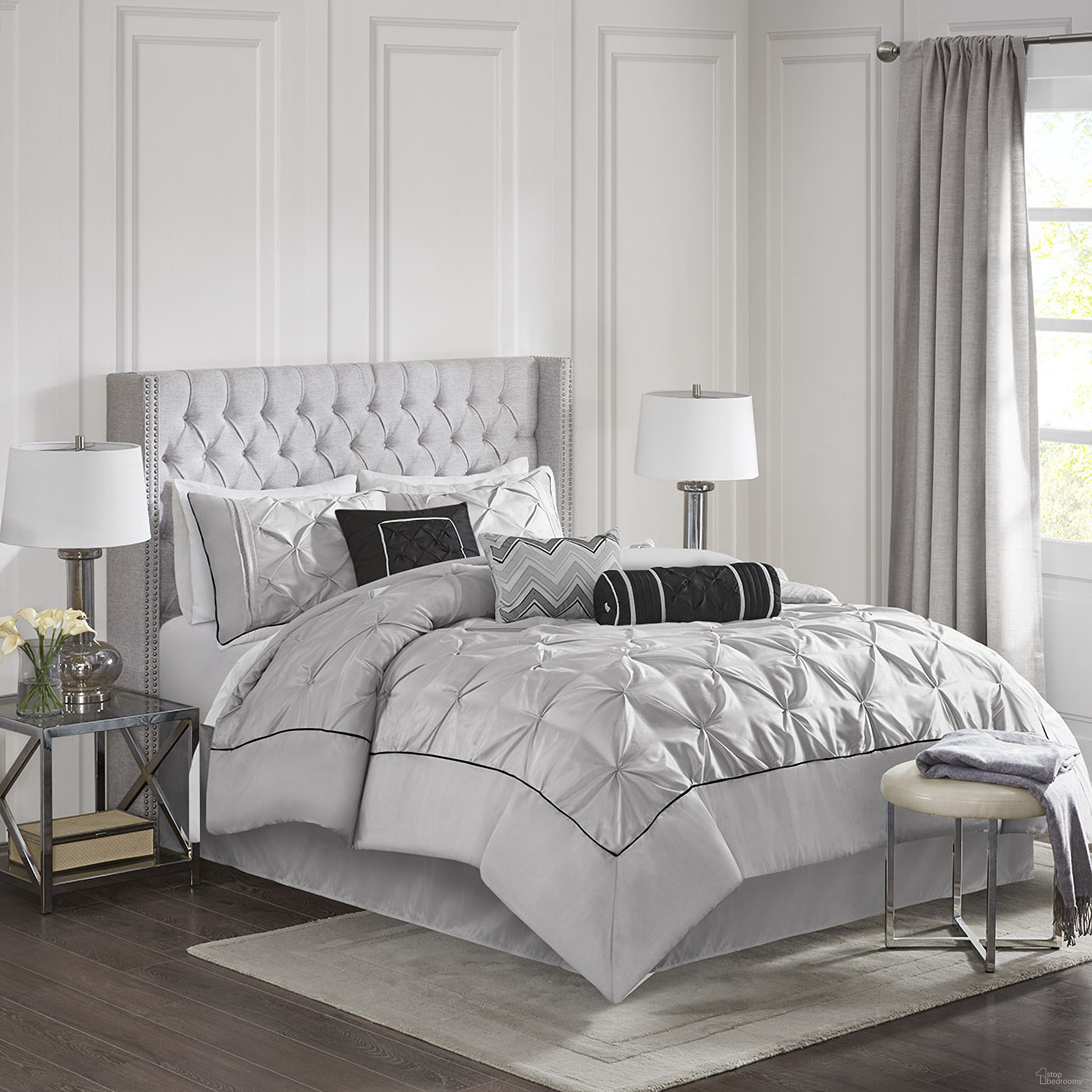 The appearance of Polyester Polyoni Pieced Pleated 7 Piece Full Comforter Set In Grey designed by Olliix in the transitional interior design. This grey piece of furniture was selected by 1StopBedrooms from Laurel Collection to add a touch of cosiness and style into your home. Sku: MP10-2577. Material: Polyester. Bed Size: Full.