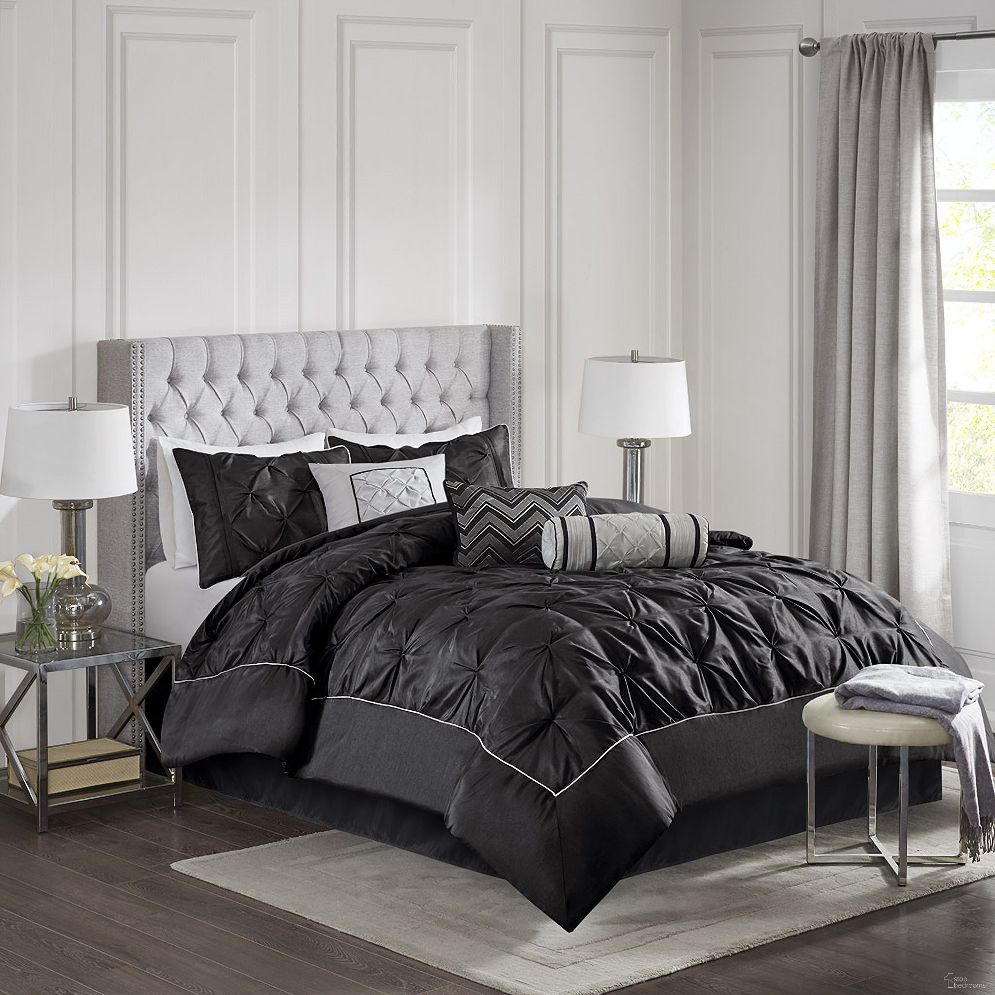 The appearance of Polyester Polyoni Pieced Tufted 7 Piece Queen Comforter Set In Black designed by Olliix in the transitional interior design. This black piece of furniture was selected by 1StopBedrooms from Laurel Collection to add a touch of cosiness and style into your home. Sku: MP10-3279. Material: Polyester. Bed Size: Queen.