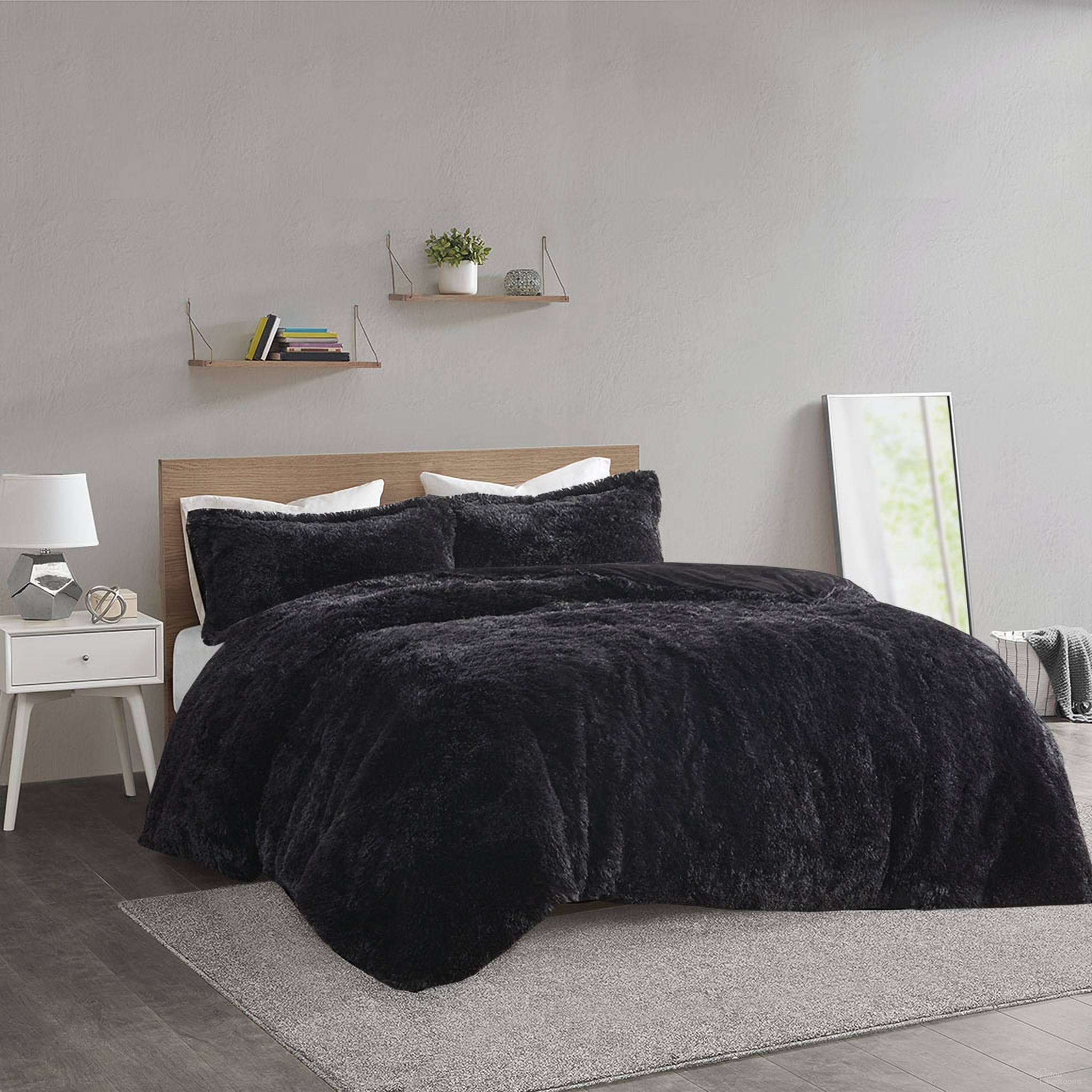 Polyester Solid Shaggy Fur 3 Piece Queen Duvet Cover Set In Black