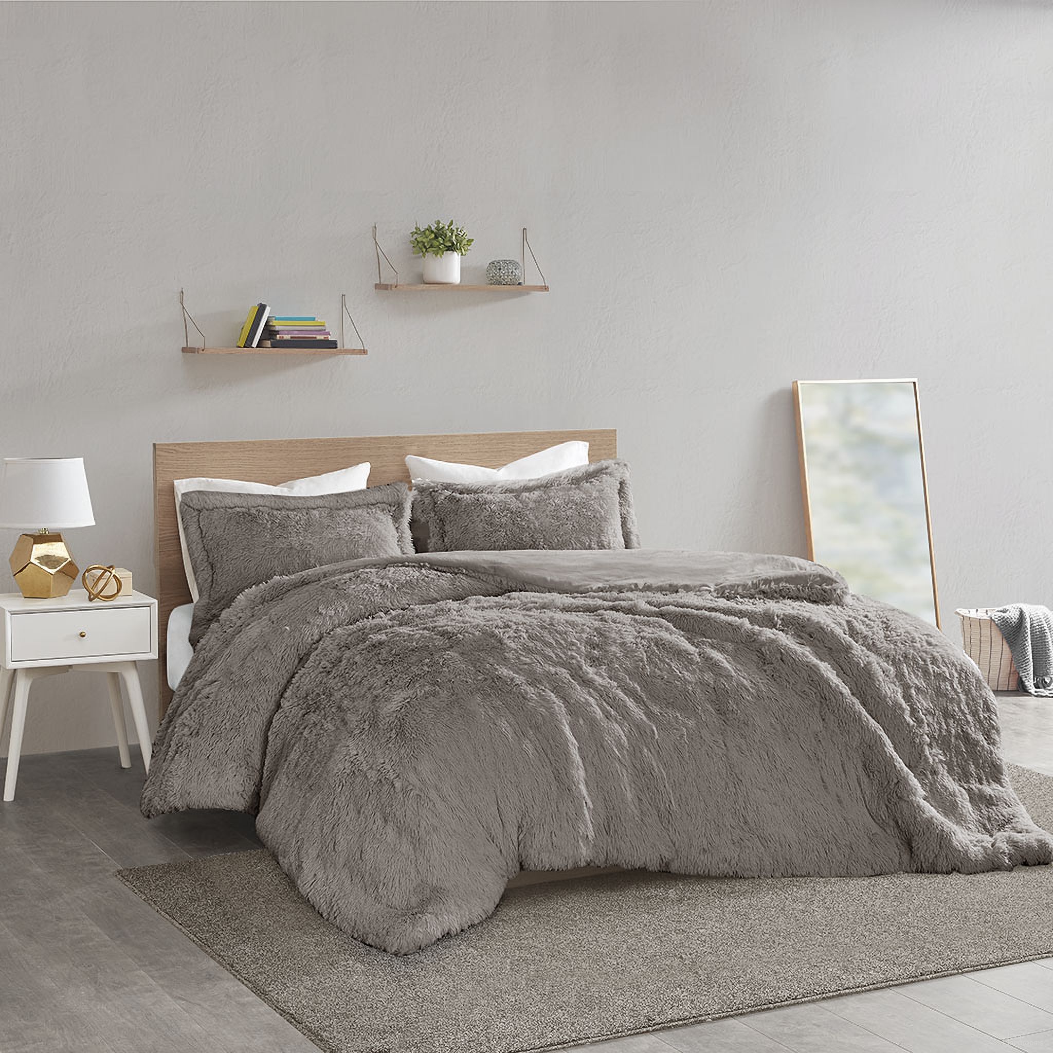 Polyester Solid Shaggy Fur 3 Piece Queen Duvet Cover Set In Grey