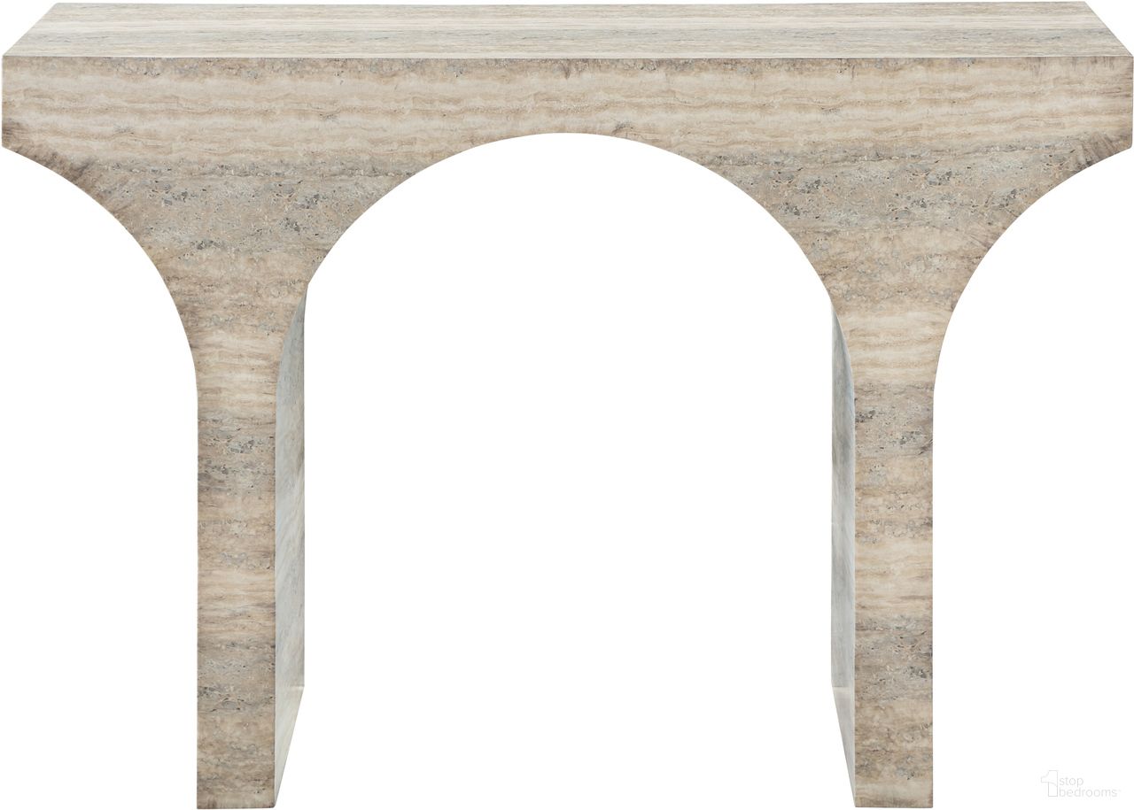 The appearance of Pomezia Concrete Console Table In Travertine designed by Meridian in the modern / contemporary interior design. This travertine piece of furniture was selected by 1StopBedrooms from Pomezia Collection to add a touch of cosiness and style into your home. Sku: 99073Travertine-T. Material: Rubberwood.