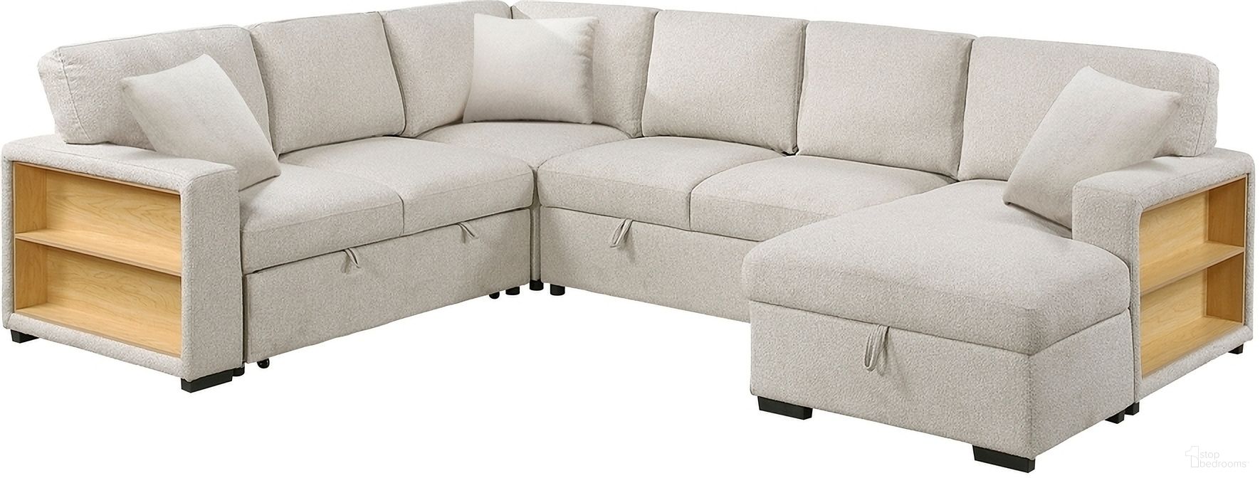 The appearance of Pompano 4-Piece Sectional with Right Chaise, Pull-out Bed, Hidden Storages and Shelves, Charging Ports In Beige designed by Homelegance in the modern / contemporary interior design. This beige piece of furniture  was selected by 1StopBedrooms from Pompano Collection to add a touch of cosiness and style into your home. Sku: 9630BE-2L;9630BE-RC;9630BE-2A;9630BE-CR. Material: Boucle.