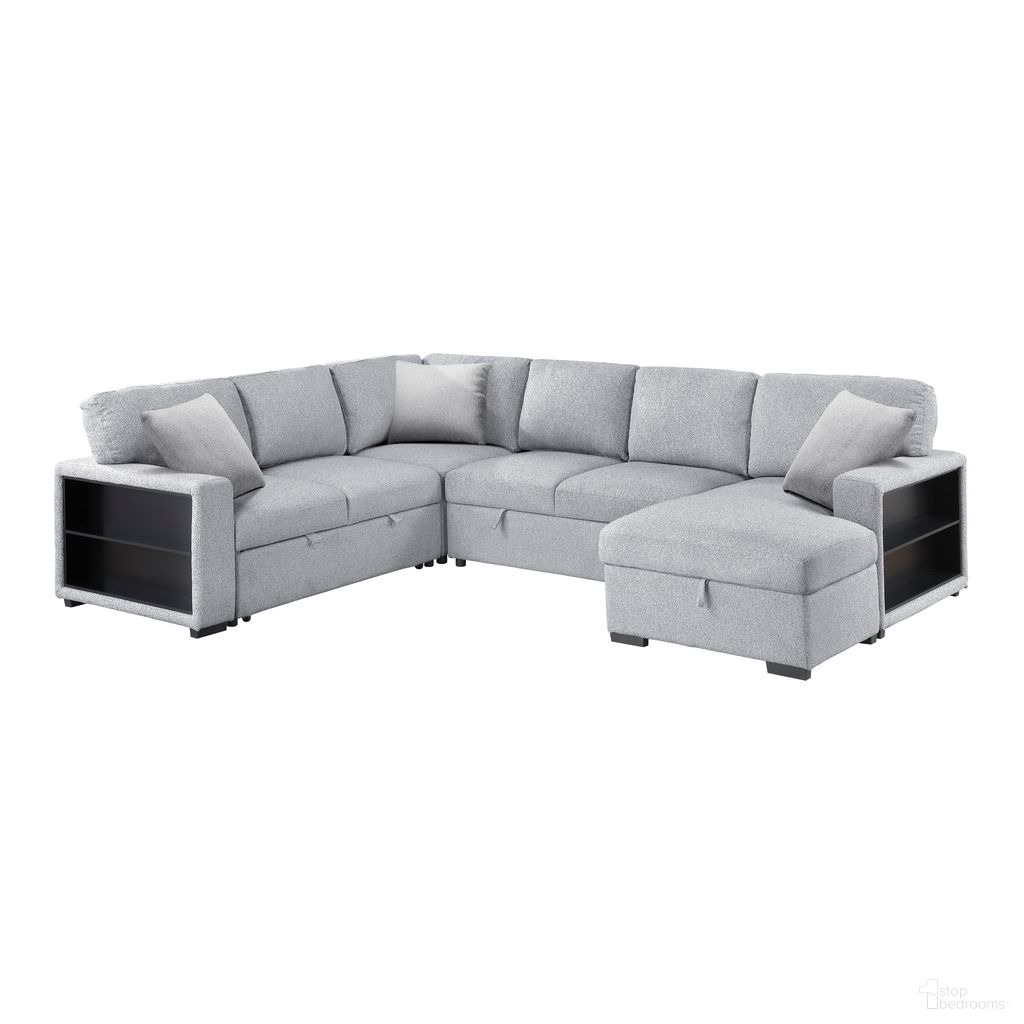 The appearance of Pompano 4-Piece Sectional with Right Chaise, Pull-out Bed, Hidden Storages and Shelves, Charging Ports In Gray designed by Homelegance in the modern / contemporary interior design. This gray piece of furniture  was selected by 1StopBedrooms from Pompano Collection to add a touch of cosiness and style into your home. Sku: 9630GY-2L;9630GY-RC;9630GY-2A;9630GY-CR. Material: Boucle.