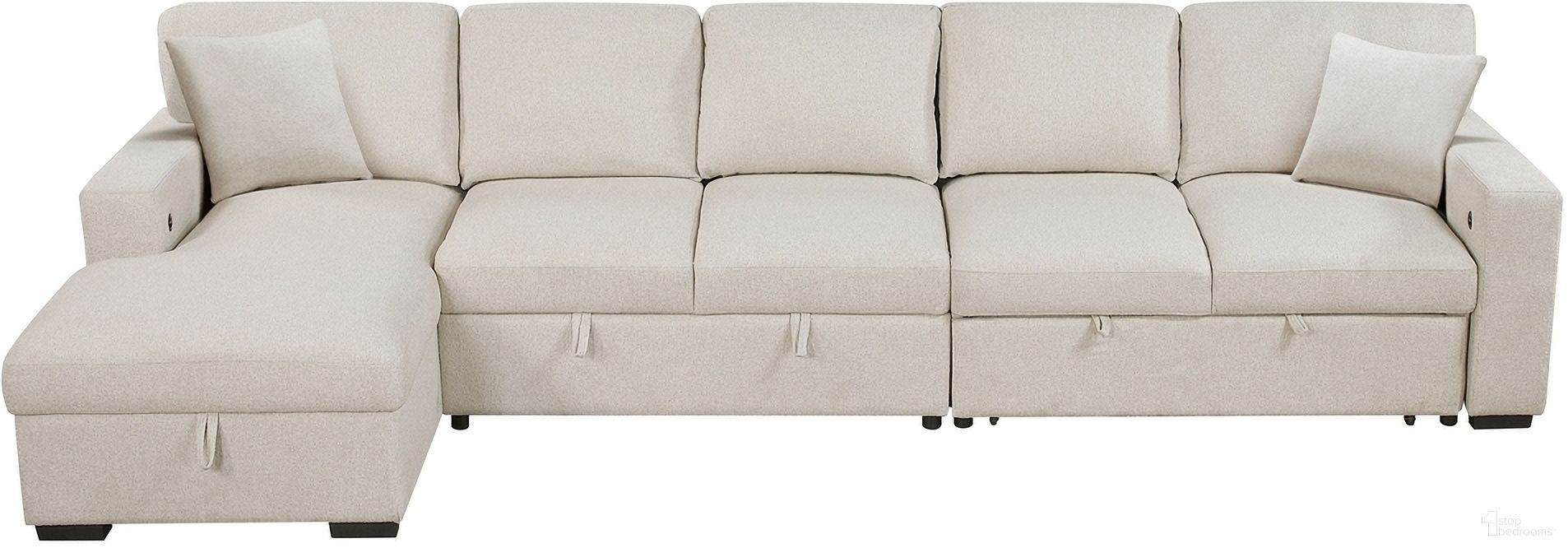 The appearance of Pompano Sectional with Left Chaise, Pull-out Bed, Hidden Storages and Shelves, Charging Ports In Beige designed by Homelegance in the modern / contemporary interior design. This beige piece of furniture was selected by 1StopBedrooms from Pompano Collection to add a touch of cosiness and style into your home. Sku: 9630BE-LC;9630BE-2A;9630BE-2R. Material: Boucle. Layout: LAF.