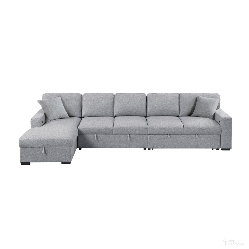 The appearance of Pompano Sectional with Left Chaise, Pull-out Bed Hidden Storages and Shelves, Charging Ports In Gray designed by Homelegance in the modern / contemporary interior design. This gray piece of furniture  was selected by 1StopBedrooms from Pompano Collection to add a touch of cosiness and style into your home. Sku: 9630GY-LC;9630GY-2A;9630GY-2R. Material: Boucle. Layout: LAF.