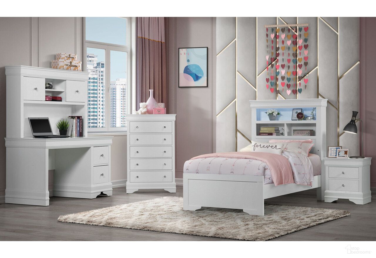 Pompei Youth Bookcase Bedroom Set with LED In Metallic White