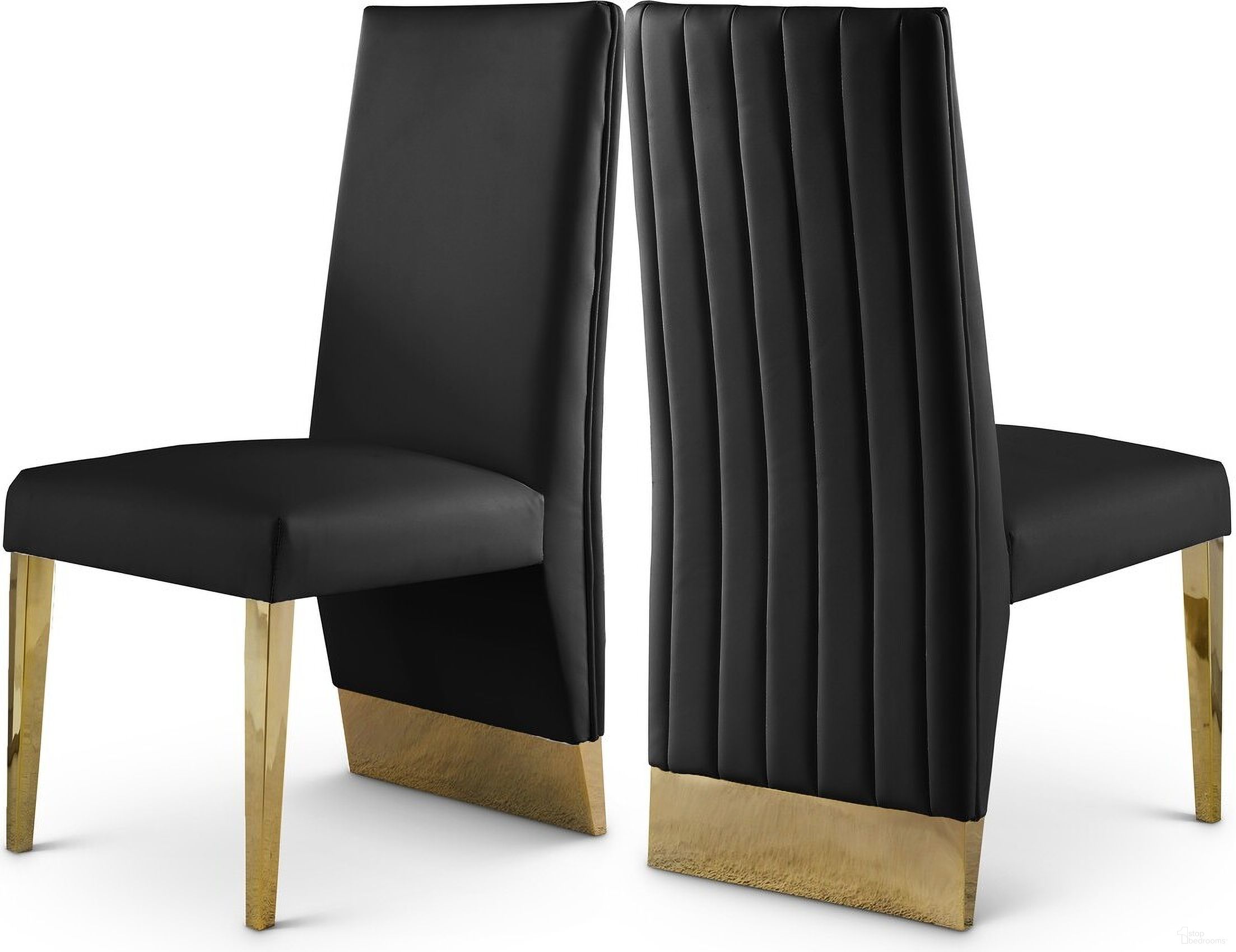 The appearance of Porsha Vegan Leather Dining Chair Set of 2 In Black/Gold designed by Meridian in the modern / contemporary interior design. This black piece of furniture was selected by 1StopBedrooms from Porsha Collection to add a touch of cosiness and style into your home. Sku: 749Black-C. Material: Metal. Chair Type: Side Chair.