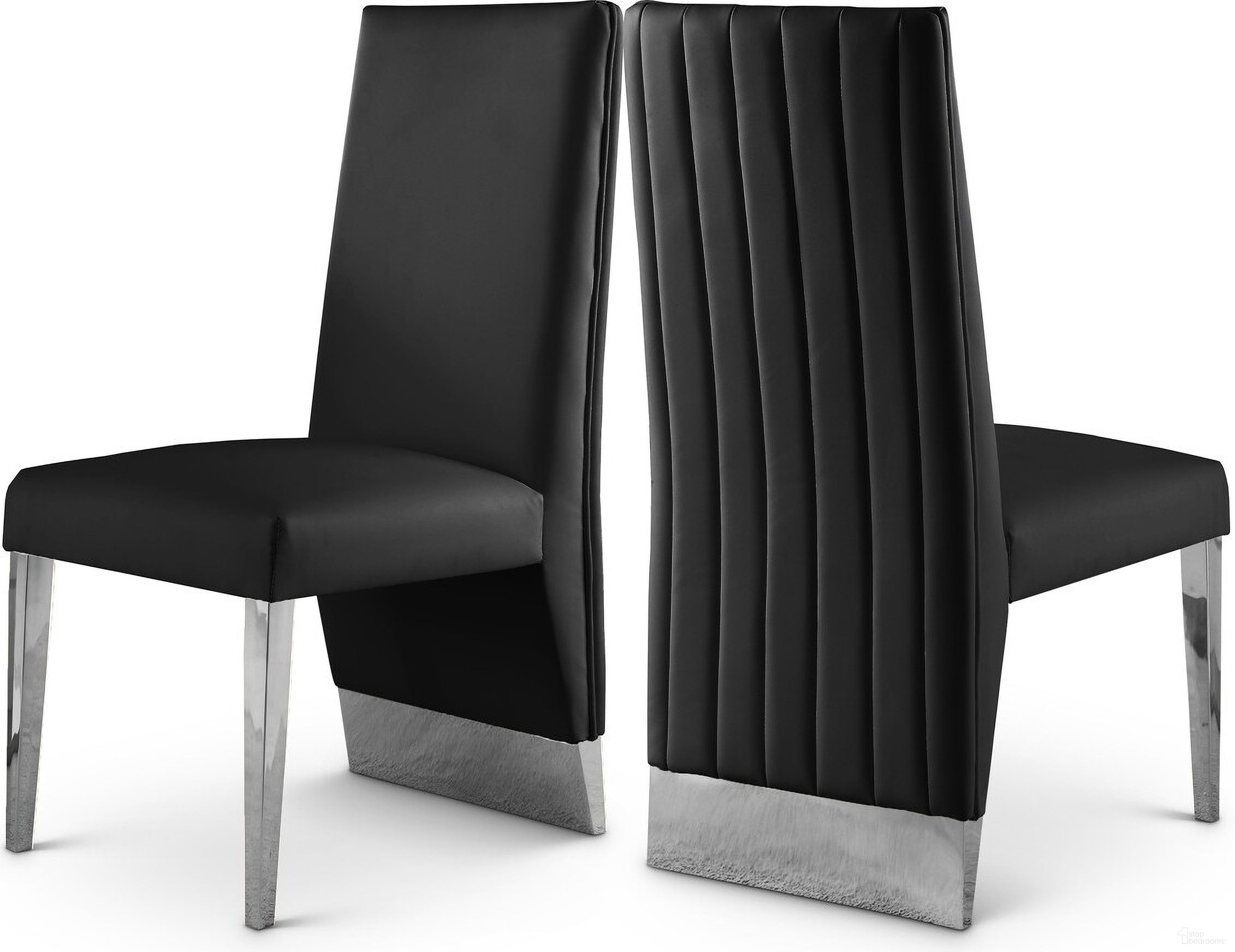 The appearance of Porsha Vegan Leather Dining Chair Set of 2 In Black/Chrome designed by Meridian in the modern / contemporary interior design. This black piece of furniture was selected by 1StopBedrooms from Porsha Collection to add a touch of cosiness and style into your home. Sku: 750Black-C. Material: Metal. Chair Type: Side Chair.