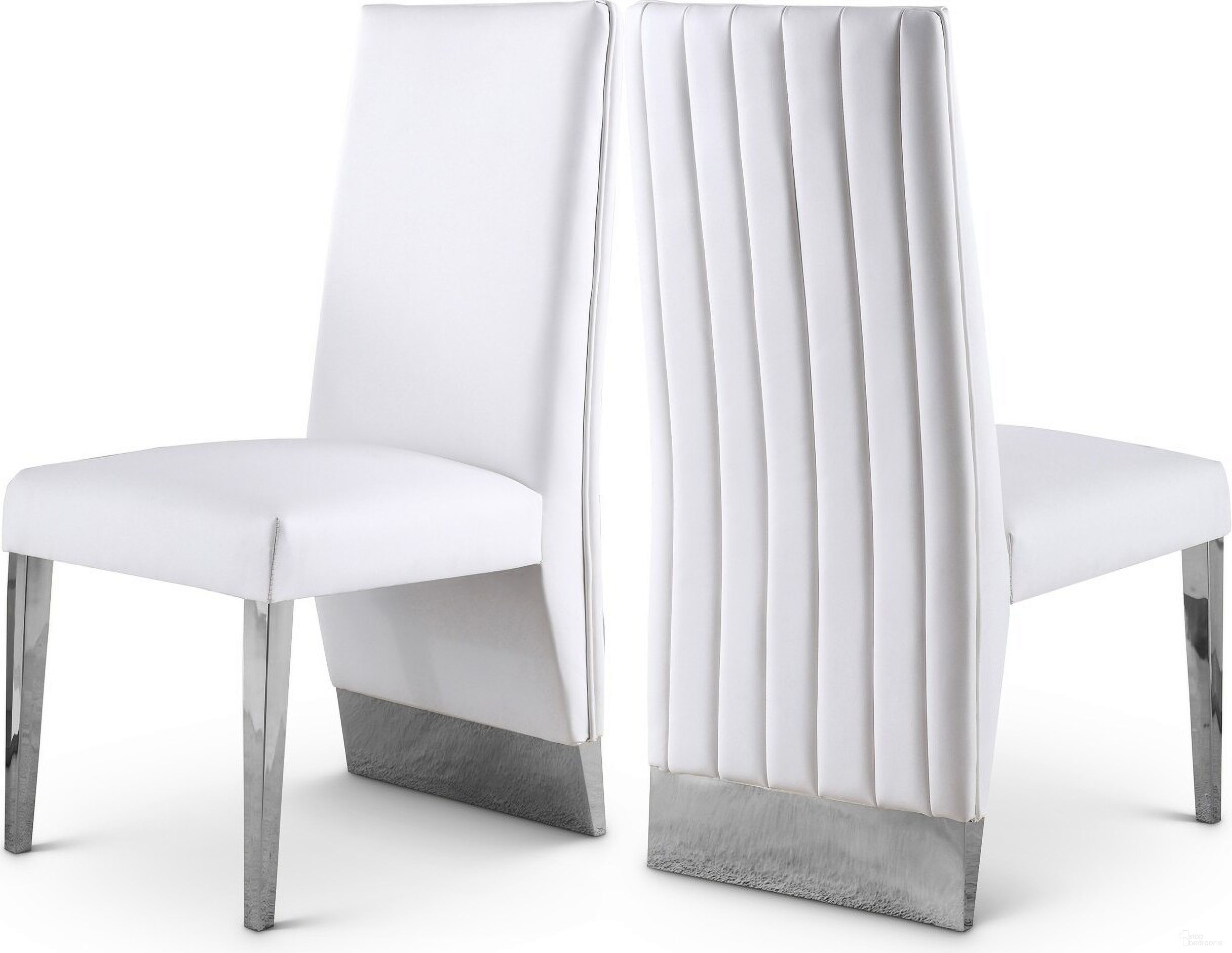 The appearance of Porsha Vegan Leather Dining Chair Set of 2 In White/Chrome designed by Meridian in the modern / contemporary interior design. This white piece of furniture was selected by 1StopBedrooms from Porsha Collection to add a touch of cosiness and style into your home. Sku: 750White-C. Material: Metal. Chair Type: Side Chair.
