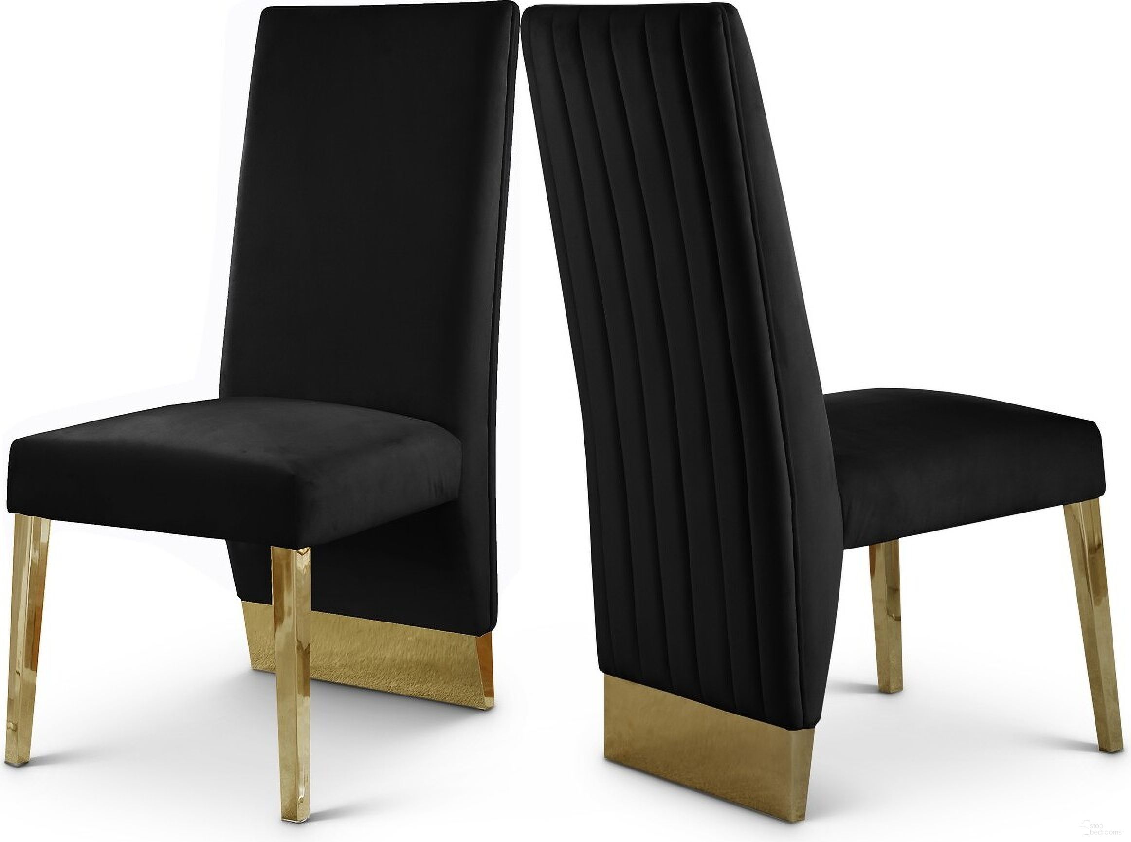 The appearance of Porsha Velvet Dining Chair Set of 2 In Black/Gold designed by Meridian in the modern / contemporary interior design. This black piece of furniture was selected by 1StopBedrooms from Porsha Collection to add a touch of cosiness and style into your home. Sku: 755Black-C. Material: Velvet. Chair Type: Side Chair.