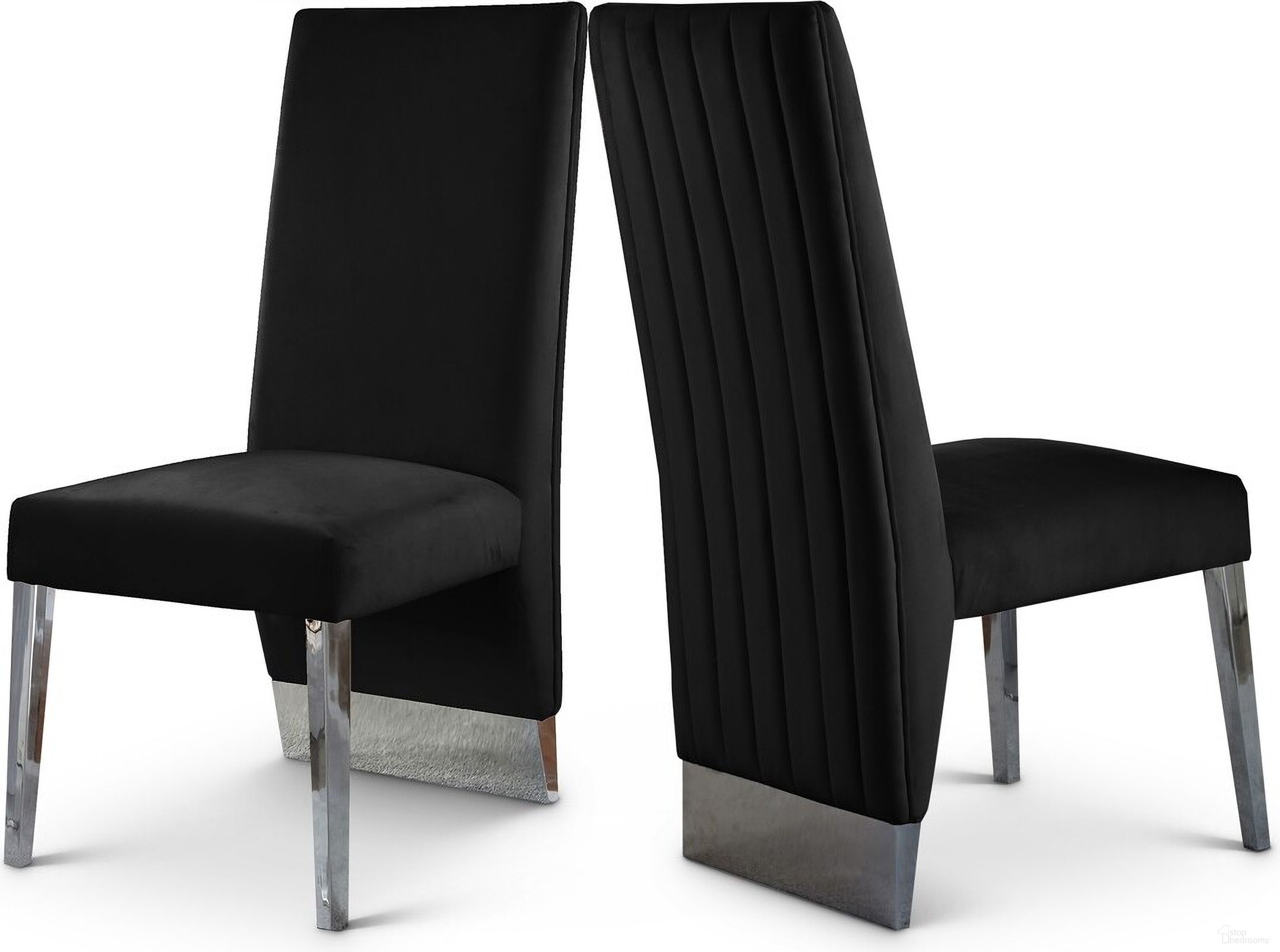 The appearance of Porsha Velvet Dining Chair Set of 2 In Black/Chrome designed by Meridian in the modern / contemporary interior design. This black piece of furniture  was selected by 1StopBedrooms from Porsha Collection to add a touch of cosiness and style into your home. Sku: 756Black-C. Material: Velvet. Chair Type: Side Chair.