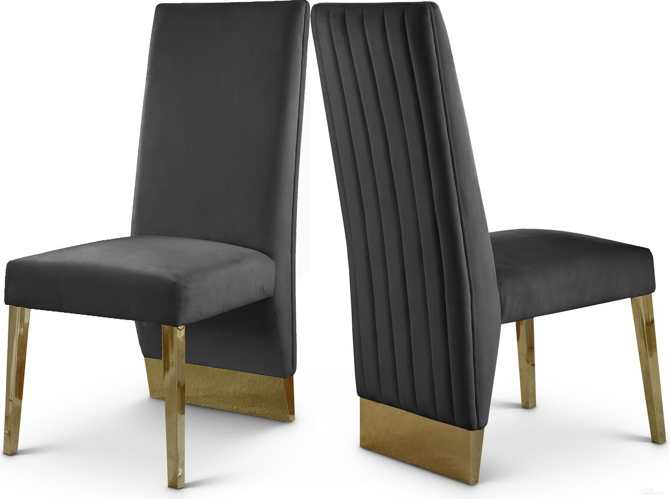 The appearance of Porsha Velvet Dining Chair Set of 2 In Grey and Gold designed by Meridian in the modern / contemporary interior design. This grey piece of furniture was selected by 1StopBedrooms from Porsha Collection to add a touch of cosiness and style into your home. Sku: 755Grey-C. Material: Velvet. Chair Type: Side Chair.