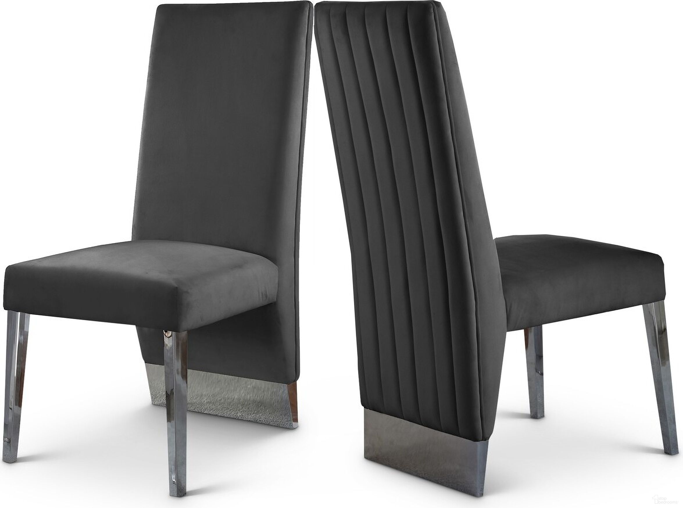 The appearance of Porsha Velvet Dining Chair Set of 2 In Grey and Chrome designed by Meridian in the modern / contemporary interior design. This grey piece of furniture  was selected by 1StopBedrooms from Porsha Collection to add a touch of cosiness and style into your home. Sku: 756Grey-C. Material: Velvet. Chair Type: Side Chair.