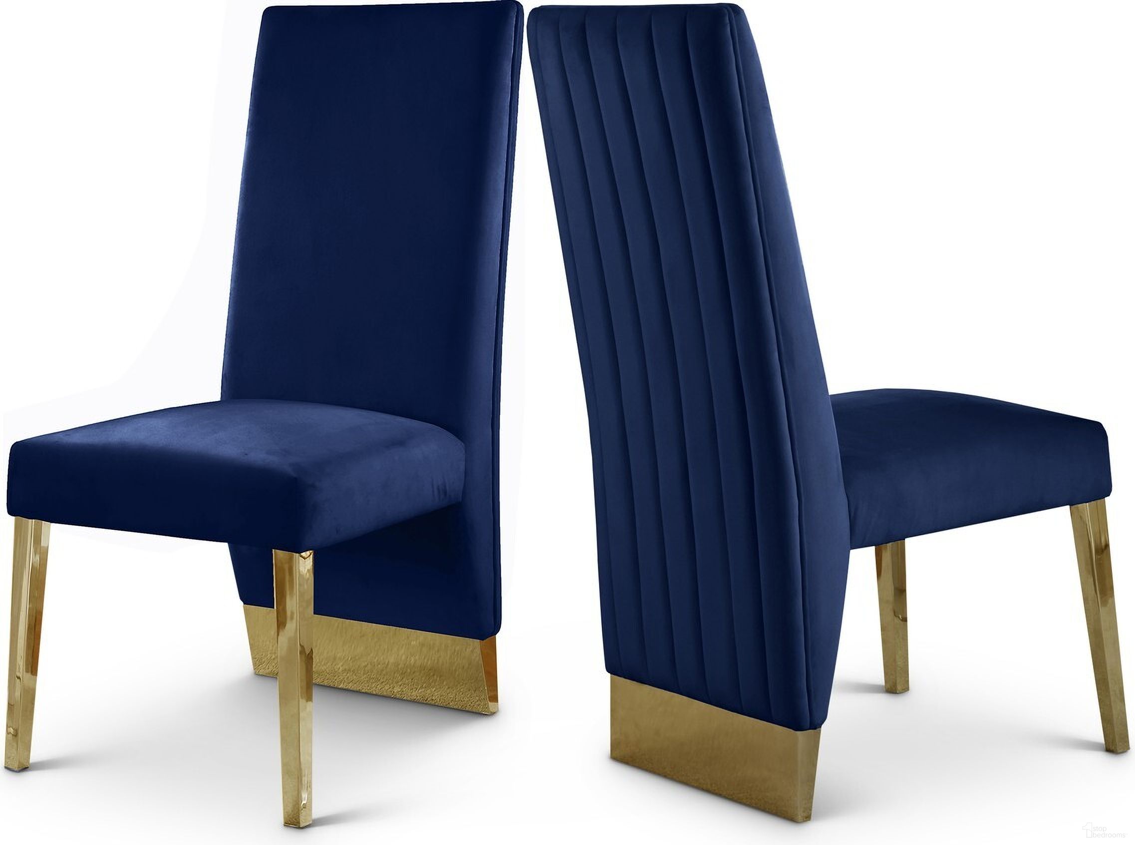 The appearance of Porsha Velvet Dining Chair Set of 2 In Navy/Gold designed by Meridian in the modern / contemporary interior design. This navy piece of furniture  was selected by 1StopBedrooms from Porsha Collection to add a touch of cosiness and style into your home. Sku: 755Navy-C. Material: Velvet. Chair Type: Side Chair.