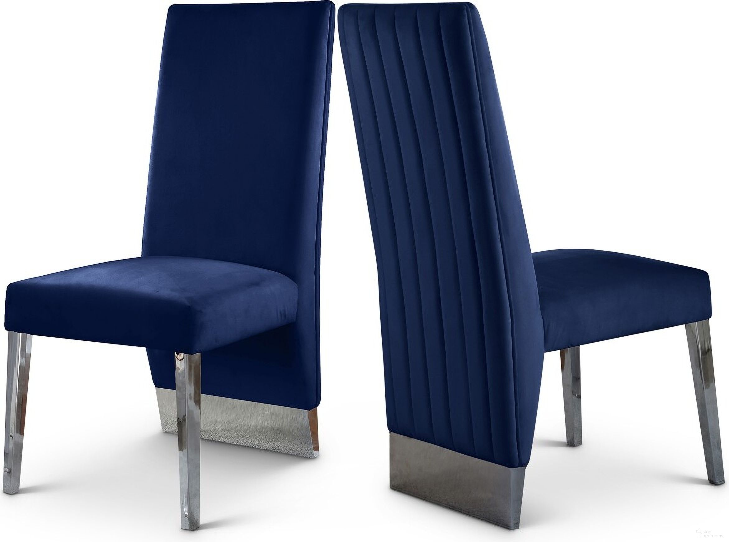 The appearance of Porsha Velvet Dining Chair Set of 2 In Navy/Chrome designed by Meridian in the modern / contemporary interior design. This navy piece of furniture  was selected by 1StopBedrooms from Porsha Collection to add a touch of cosiness and style into your home. Sku: 756Navy-C. Material: Velvet. Chair Type: Side Chair.