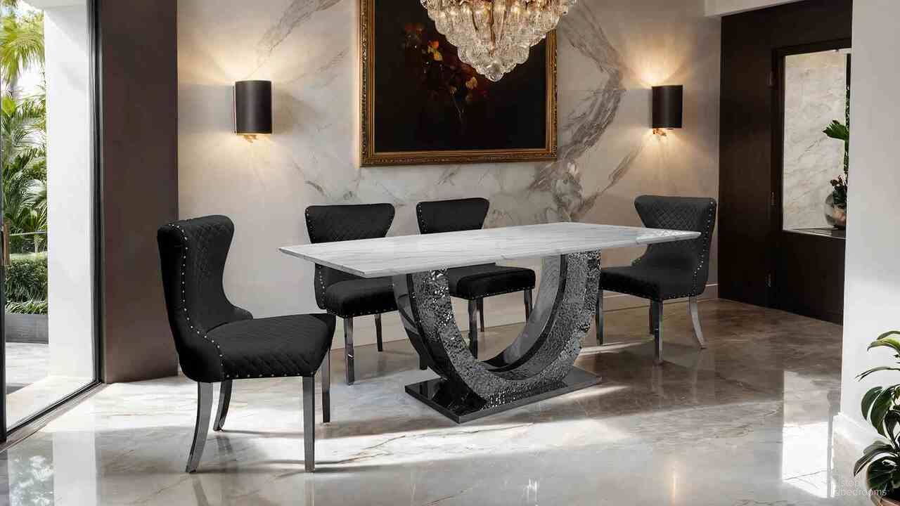 The appearance of Portanova Dining Room Set In Chrome designed by Furniture of America in the glam interior design. This chrome piece of furniture  was selected by 1StopBedrooms from Portanova Collection to add a touch of cosiness and style into your home. Sku: FM33003SV-T-1;FM33003SV-T-2;FM33003SV-T-3;FM33003SV-T-4;FM33014BK-SC-2PK. Material: Fabric. Table Top Shape: Rectangular. Size: 39" x 79".