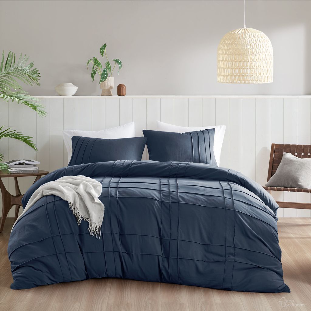 The appearance of Porter Soft Washed Pleated Duvet Cover Set In Navy designed by Olliix in the modern / contemporary interior design. This navy piece of furniture  was selected by 1StopBedrooms from Porter Collection to add a touch of cosiness and style into your home. Sku: AM12-0436. Material: Microfiber. Bed Size: Full.