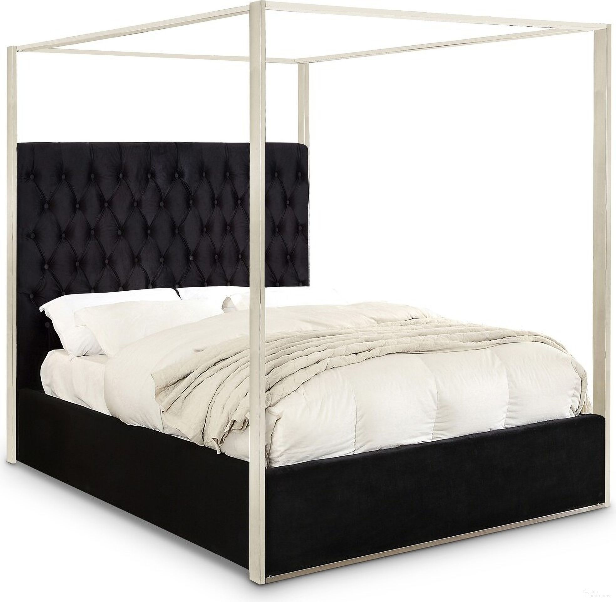 The appearance of Porter Velvet King Bed In Black designed by Meridian in the modern / contemporary interior design. This black piece of furniture was selected by 1StopBedrooms from Porter Collection to add a touch of cosiness and style into your home. Sku: PorterBlack-K Box 1/2 (HB/Slats);PorterBlack-K Box 2/2 (FB/Rails/Metal Bar/Hardware/Legs/9 Vertical Rods). Bed Type: Canopy Bed. Bed Size: King. Material: Velvet.