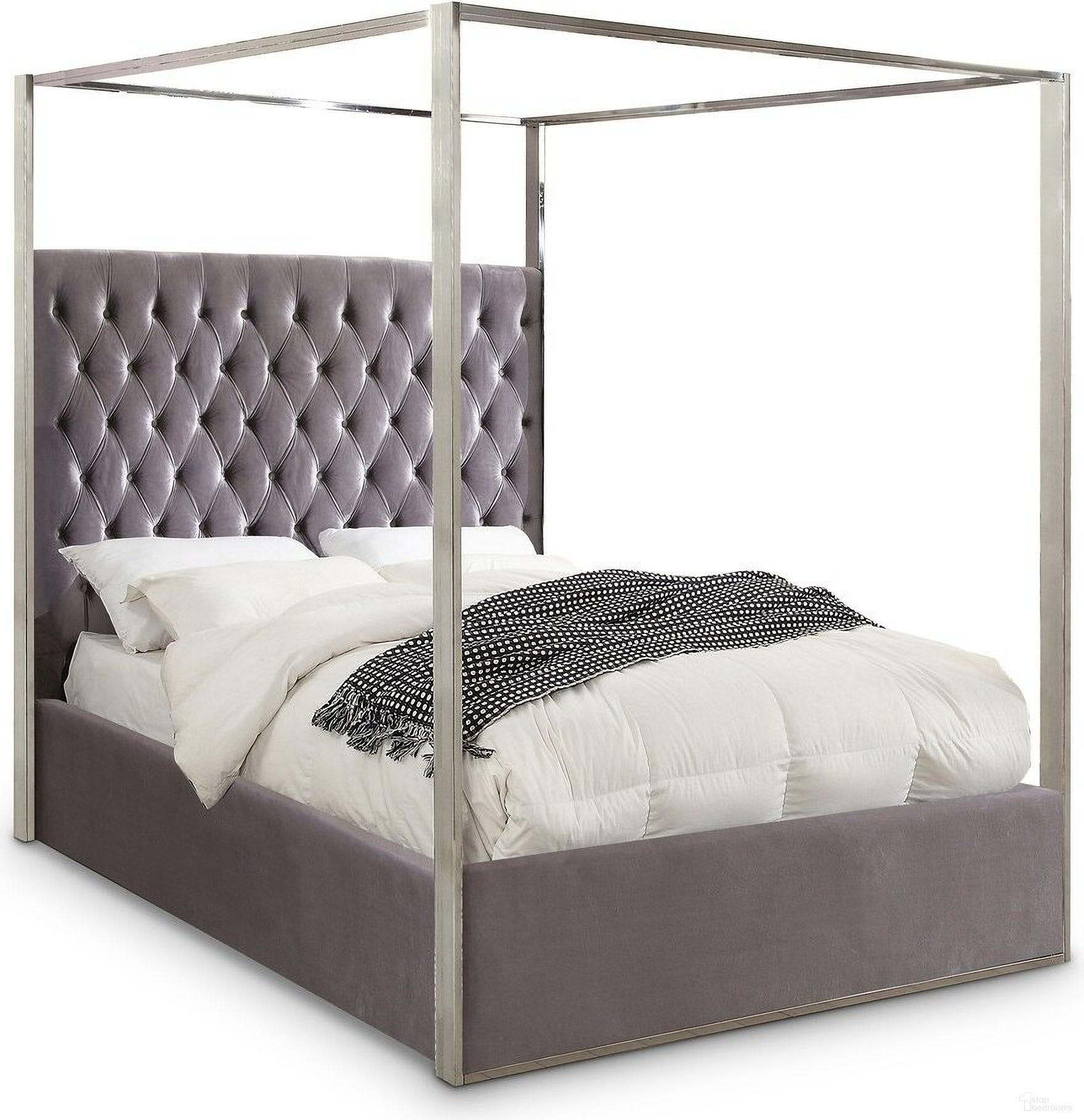 The appearance of Porter Velvet King Bed In Grey designed by Meridian in the modern / contemporary interior design. This grey piece of furniture  was selected by 1StopBedrooms from Porter Collection to add a touch of cosiness and style into your home. Sku: PorterGrey-K Box 1/2 (HB/Slats);PorterGrey-K Box 2/2 (FB/Rails/Metal Bar/Hardware/Legs/9 Vertical Rods). Bed Type: Canopy Bed. Bed Size: King. Material: Velvet.