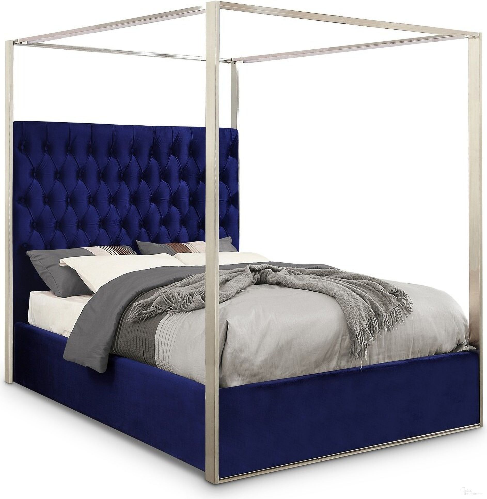 The appearance of Porter Velvet King Bed In Navy designed by Meridian in the modern / contemporary interior design. This navy piece of furniture was selected by 1StopBedrooms from Porter Collection to add a touch of cosiness and style into your home. Sku: PorterNavy-K Box 1/2 (HB/Slats);PorterNavy-K Box 2/2 (FB/Rails/Metal Bar/Hardware/Legs/9 Vertical Rods). Bed Type: Canopy Bed. Bed Size: King. Material: Velvet.