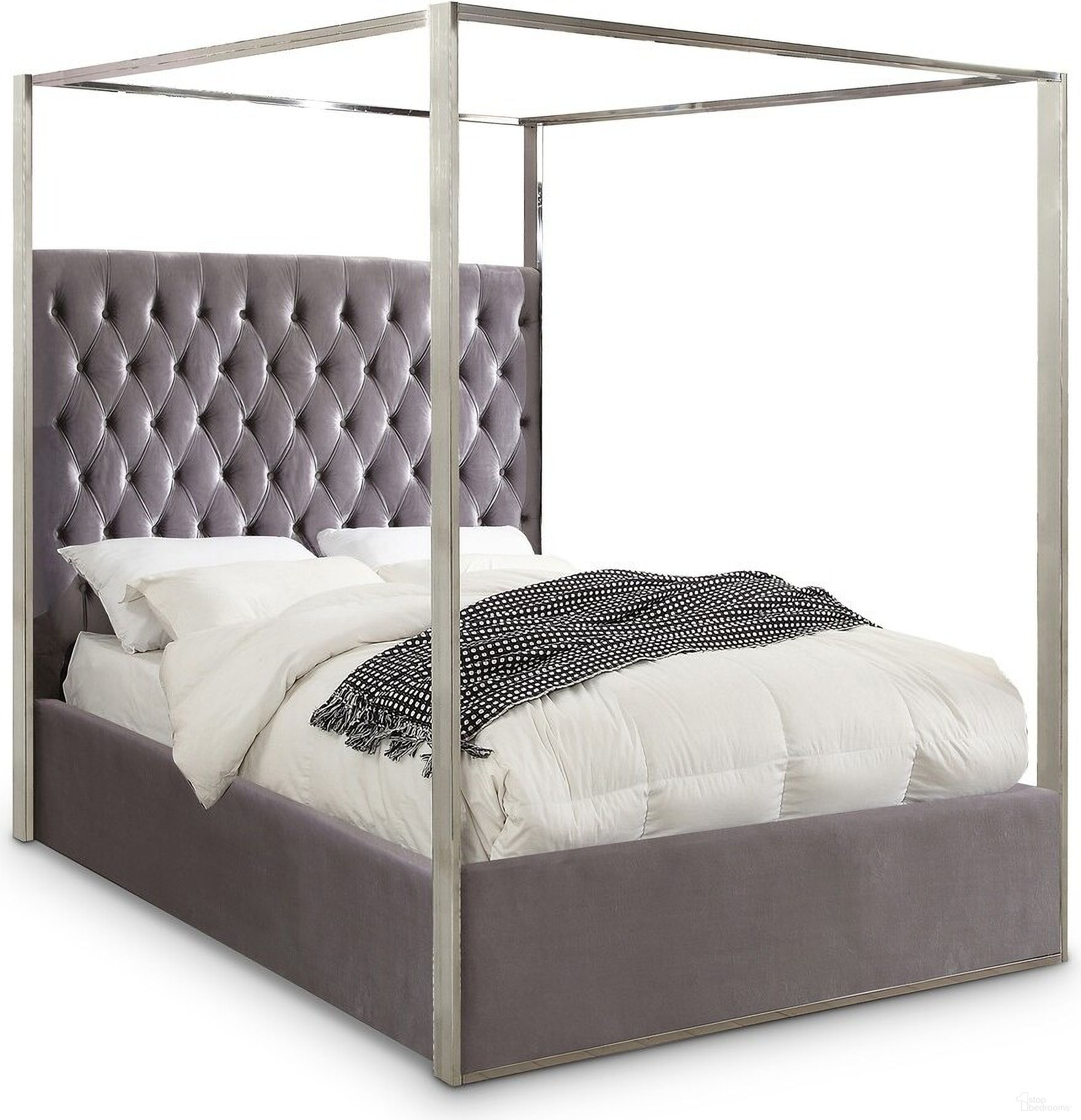 The appearance of Porter Velvet Queen Bed In Grey designed by Meridian in the modern / contemporary interior design. This grey piece of furniture  was selected by 1StopBedrooms from Porter Collection to add a touch of cosiness and style into your home. Sku: PorterGrey-Q Box 1/2 (HB/Slats);PorterGrey-Q Box 2/2 (FB/Rails/Metal Bar/Hardware/Legs/9 Vertical Rods). Bed Type: Canopy Bed. Bed Size: Queen. Material: Velvet.