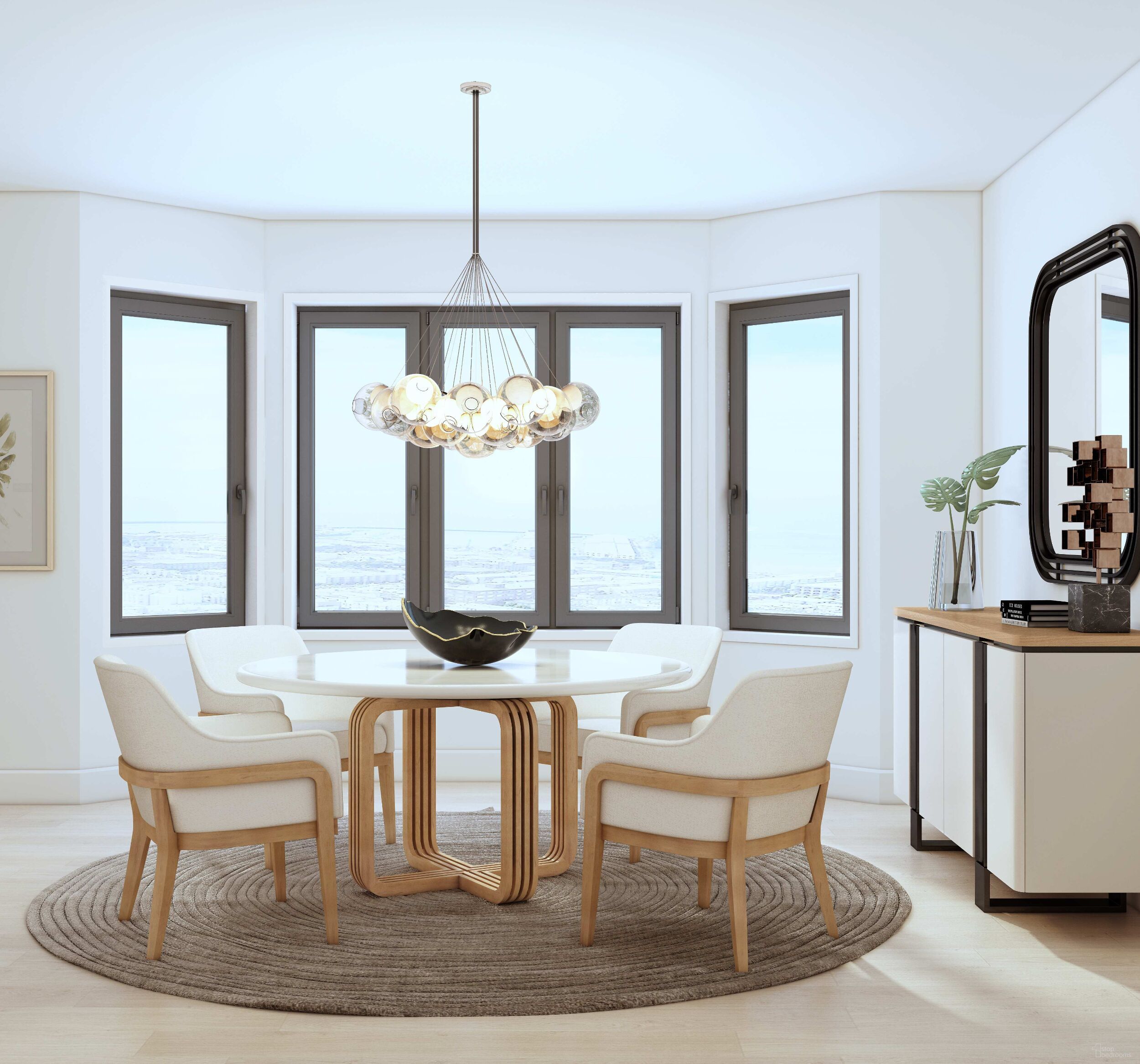 The appearance of Portico Round Dining Dining Set In White designed by A.R.T. in the modern / contemporary interior design. This white piece of furniture  was selected by 1StopBedrooms from Portico Collection to add a touch of cosiness and style into your home. Sku: 323225-3317TP;323225-3335BS;323204-3335. Table Top Shape: Round. Size: 60". Material: Parawood.