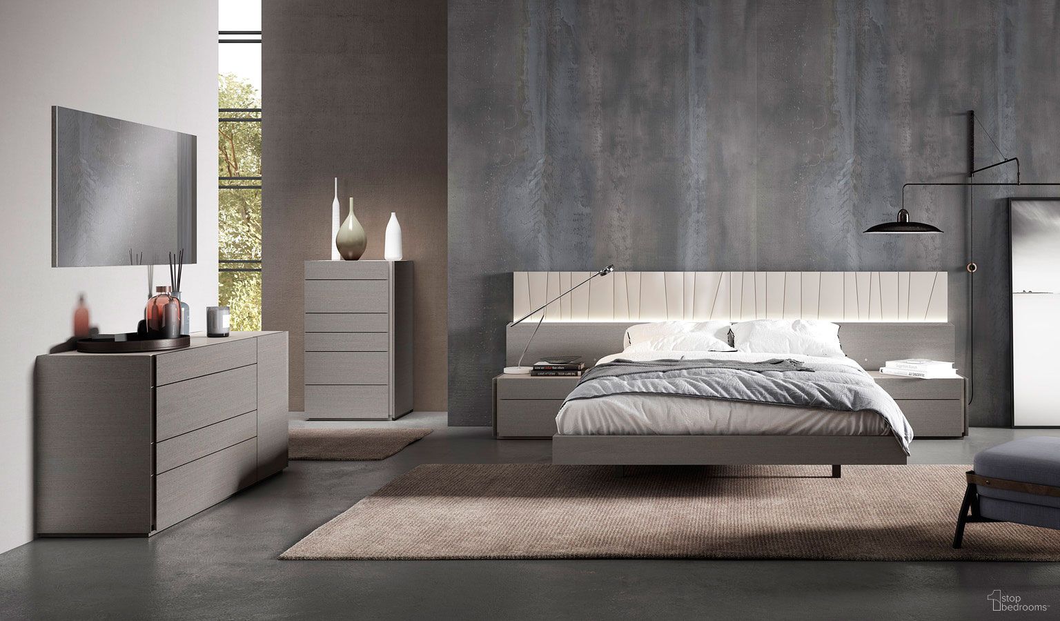 The appearance of Porto Grey Platform Bedroom Set designed by J&M in the modern / contemporary interior design. This gray piece of furniture was selected by 1StopBedrooms from Porto Collection to add a touch of cosiness and style into your home. Sku: 17865-Q;17865-NSL. Bed Type: Platform Bed. Bed Size: Queen. Material: Wood Veneer.