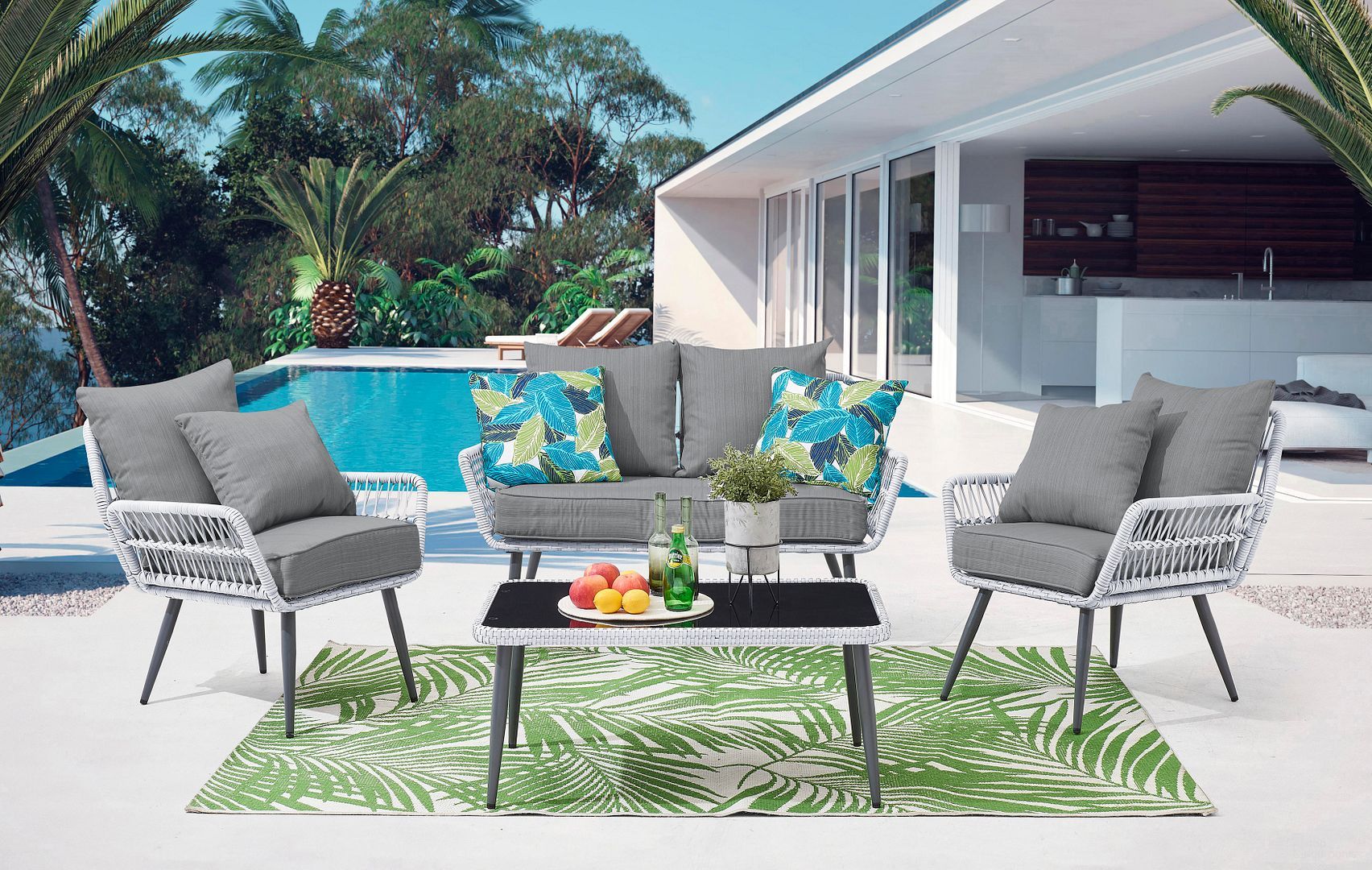 The appearance of Portofino Rope Wicker 4-Piece Patio Conversation Set With Cushions In Grey designed by Manhattan Comfort in the modern / contemporary interior design. This grey piece of furniture  was selected by 1StopBedrooms from Portofino Collection to add a touch of cosiness and style into your home. Sku: OD-CV019-GY. Material: Steel.