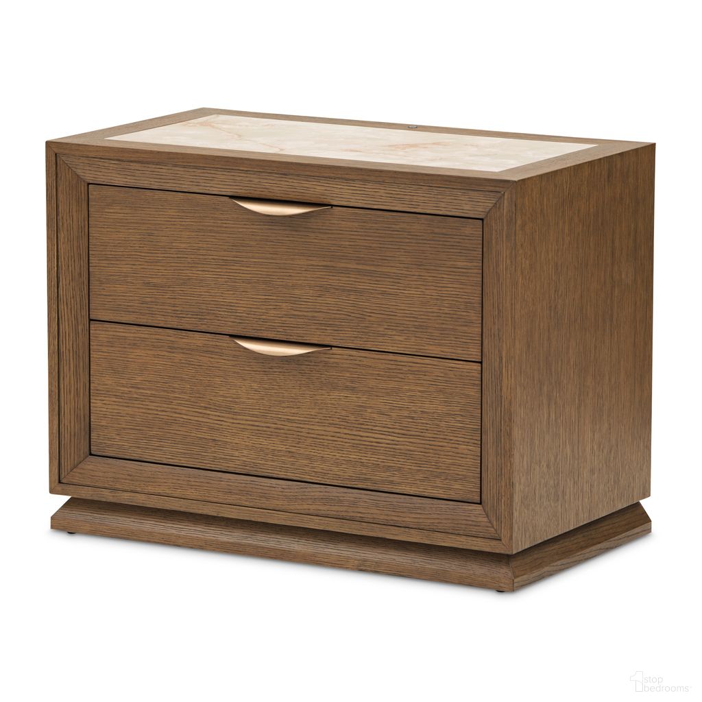 The appearance of Portrait 2-Drawer Nightstand with LED Lights In Sienna Brown designed by Michael Amini in the modern / contemporary interior design. This sienna brown piece of furniture was selected by 1StopBedrooms from Portrait Collection to add a touch of cosiness and style into your home. Sku: 9031042-225. Material: Oak.