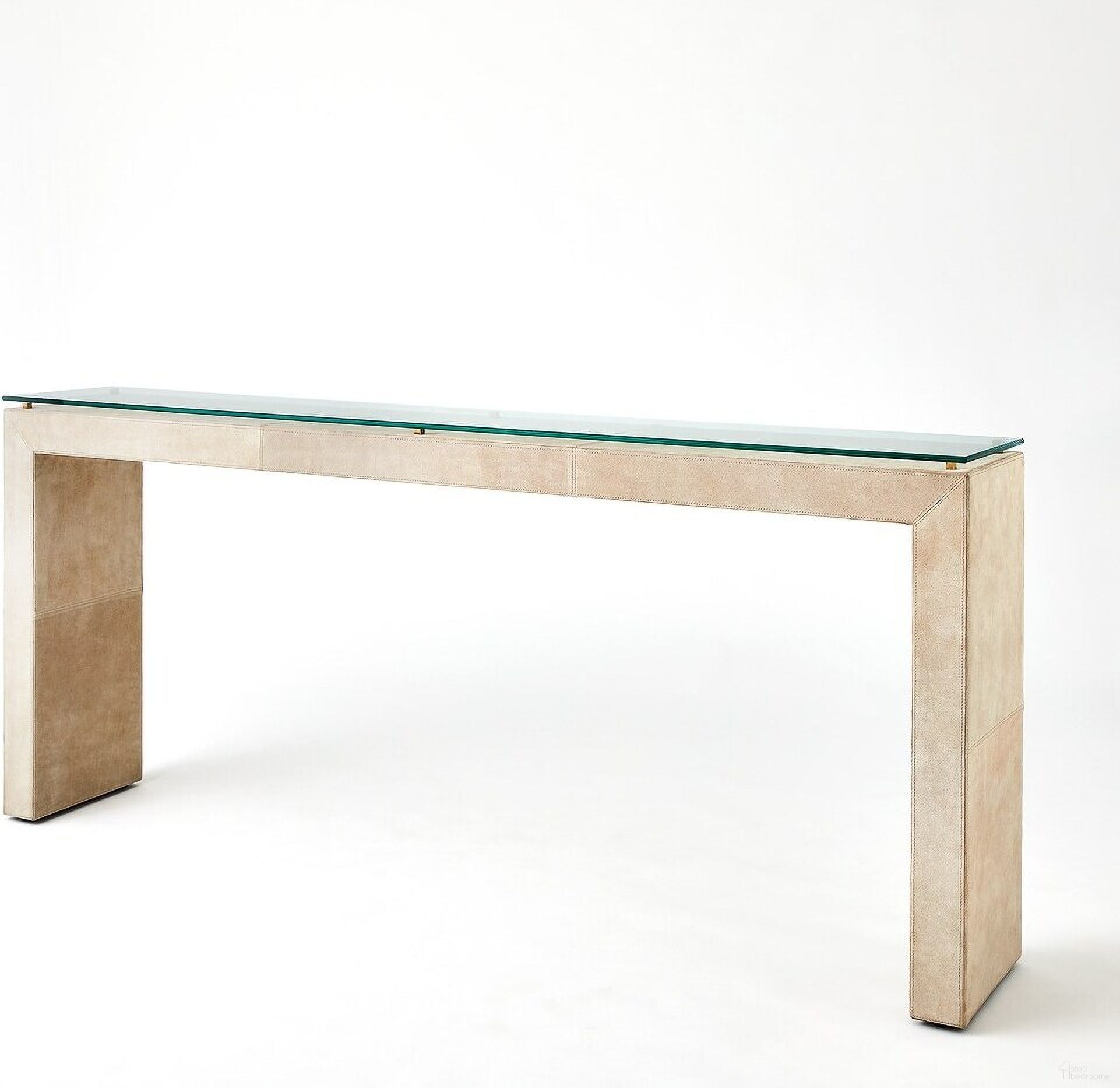 The appearance of Posh Parchment Suede Console In White designed by Global Views in the modern / contemporary interior design. This white piece of furniture  was selected by 1StopBedrooms from Posh Collection to add a touch of cosiness and style into your home. Sku: 993978. Material: Brass.