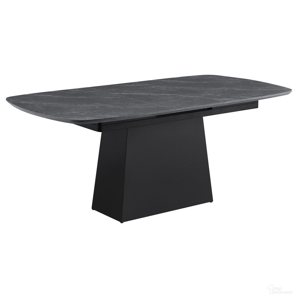 The appearance of Potero 73 Inch Faux Marble Extension Leaf Dining Table In Black designed by Coaster in the modern / contemporary interior design. This black piece of furniture  was selected by 1StopBedrooms from Potero Collection to add a touch of cosiness and style into your home. Sku: 123131B1;123131B2. Table Base Style: Pedestal. Material: MDF. Table Top Shape: Rectangular. Size: 38" x 57".