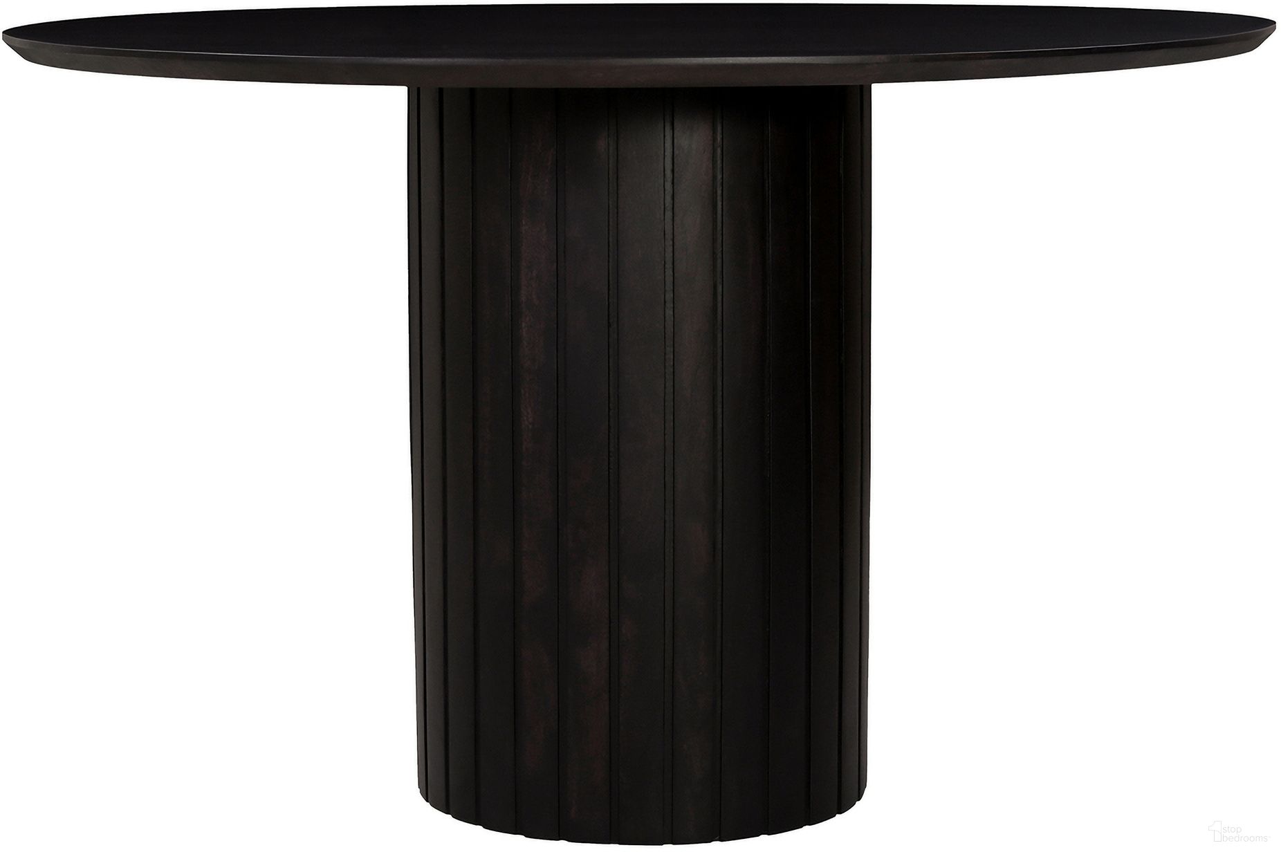 The appearance of Povera Round Dining Table In Black designed by Moes Home in the modern / contemporary interior design. This black piece of furniture was selected by 1StopBedrooms from Povera Collection to add a touch of cosiness and style into your home. Sku: JD-1059-02-0. Table Base Style: Pedestal. Table Top Shape: Round. Size: 48". Material: Acacia Wood.