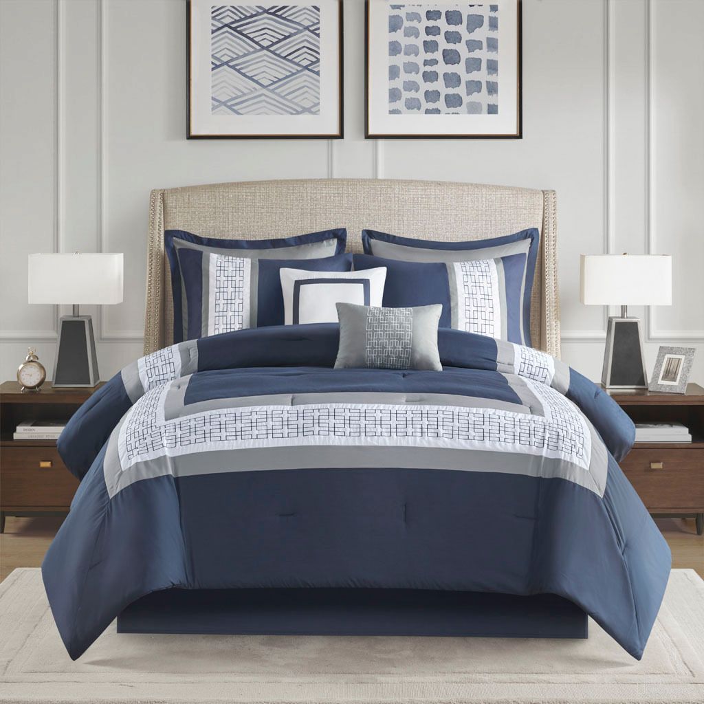 The appearance of Powell 8 Piece Embroidered California King Comforter Set In Navy designed by Olliix in the modern / contemporary interior design. This navy piece of furniture was selected by 1StopBedrooms from Powell Collection to add a touch of cosiness and style into your home. Sku: 5DS10-0279. Material: Polyester. Bed Size: California King.
